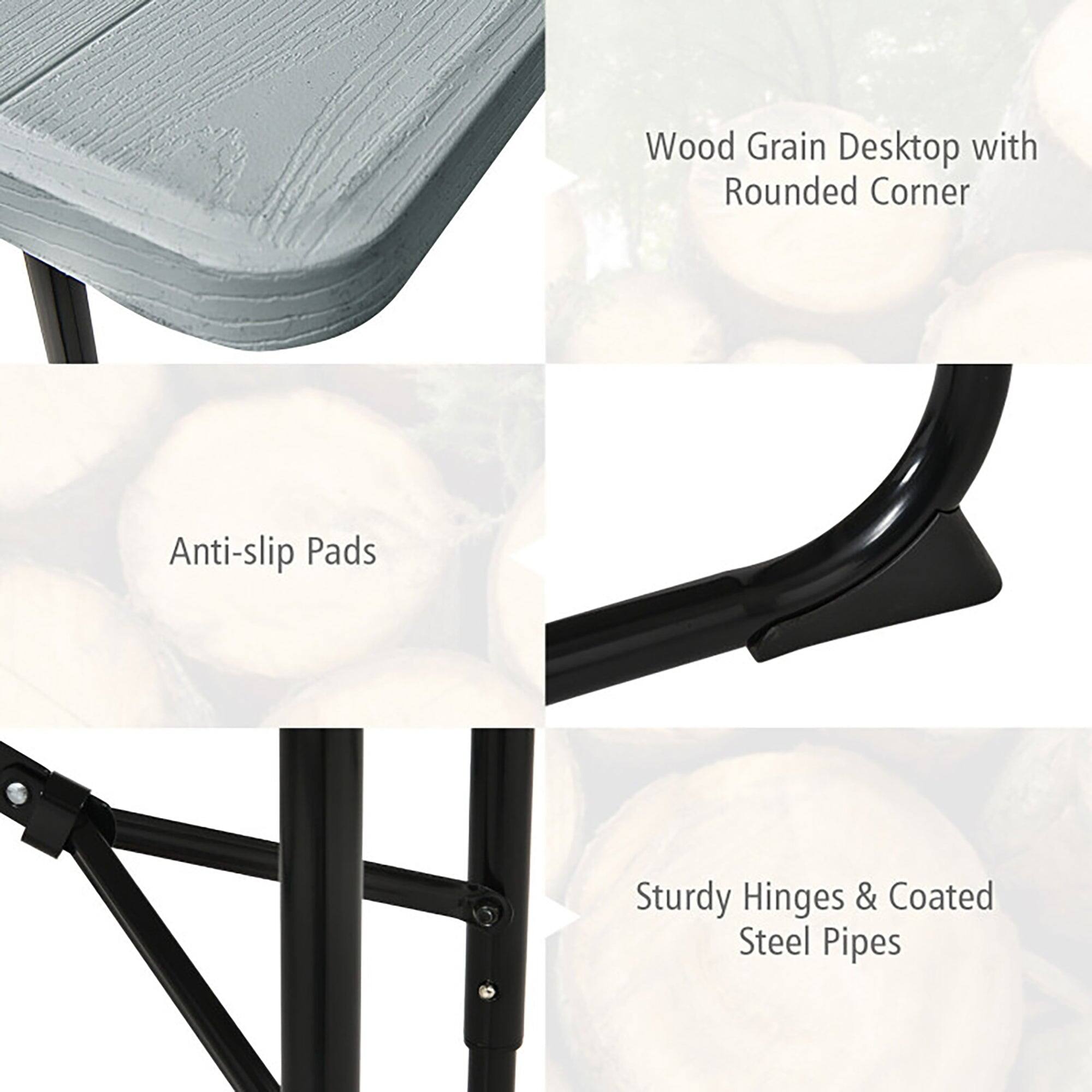 Wood Grain Desktop with Rounded Corner  
Anti-slip Pads  
Sturdy Hinges & Coated Steel Pipes