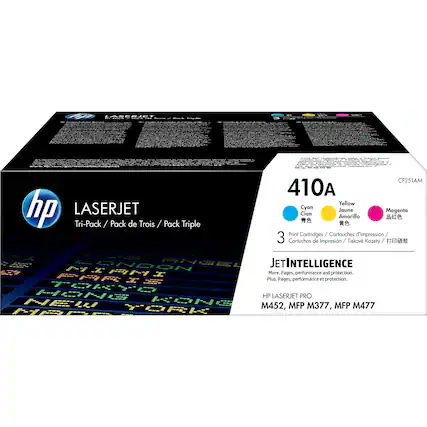 **LaserJet Tri-Pack / Pack de Trois / Pack Triple CF251AM**
- **410A**
- Cyan
- Yellow
- Magenta
**Print Cartridges / Cartouches d'impression / Cartridges de impresión / Tiskové kávety / 打印墨盒**
**JetIntelligence**
- More Pages, performance and protection.
- Plus. Pages, performance et protection.
**HP LaserJet Pro**
- M452, MFP M377, MFP M477