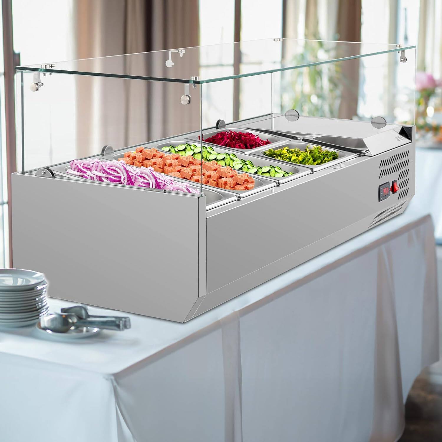 Alt View 4. Winado - 47" Refrigerated Condiment Prep Station, 25.1QT Sandwich Prep Table Salad Bar Prep Rail w/Auto Defrost Temp Control Glas - Silver.