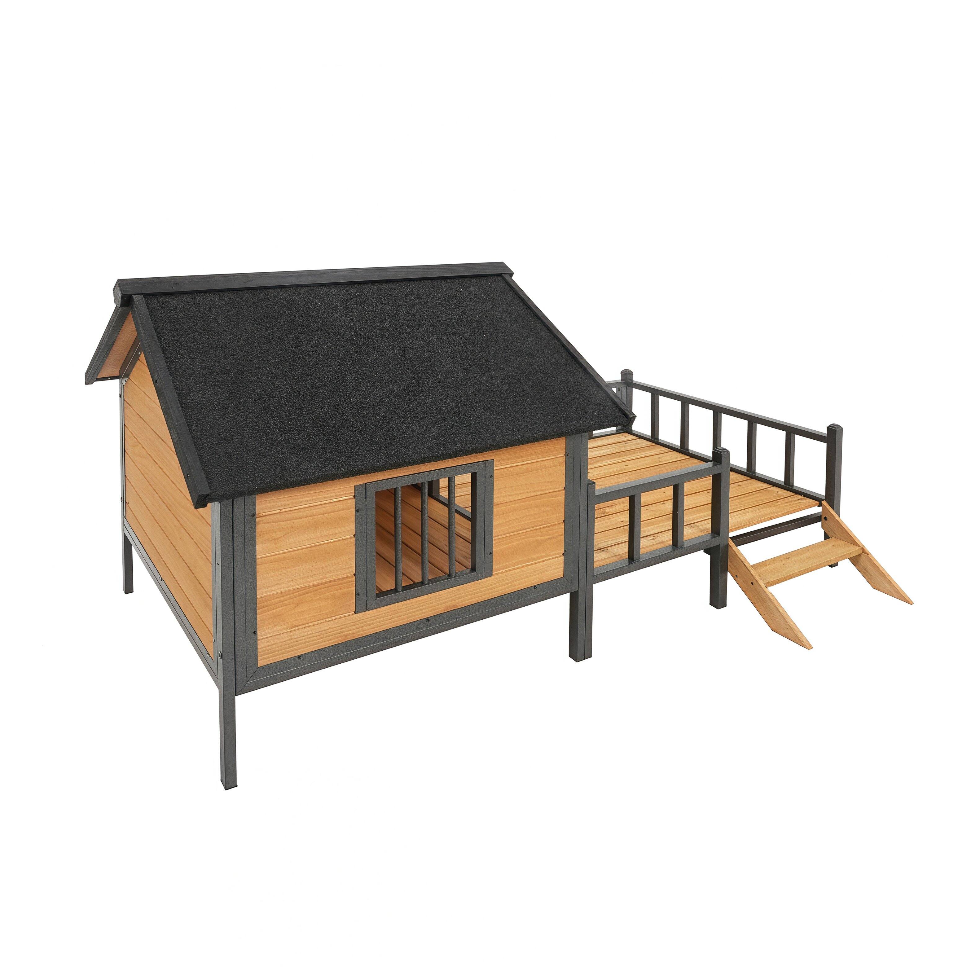 Alt View 2. TinyHomie - Outdoor Large Wooden Cabin Dog Kennel with Porch Iron Frame - brown.