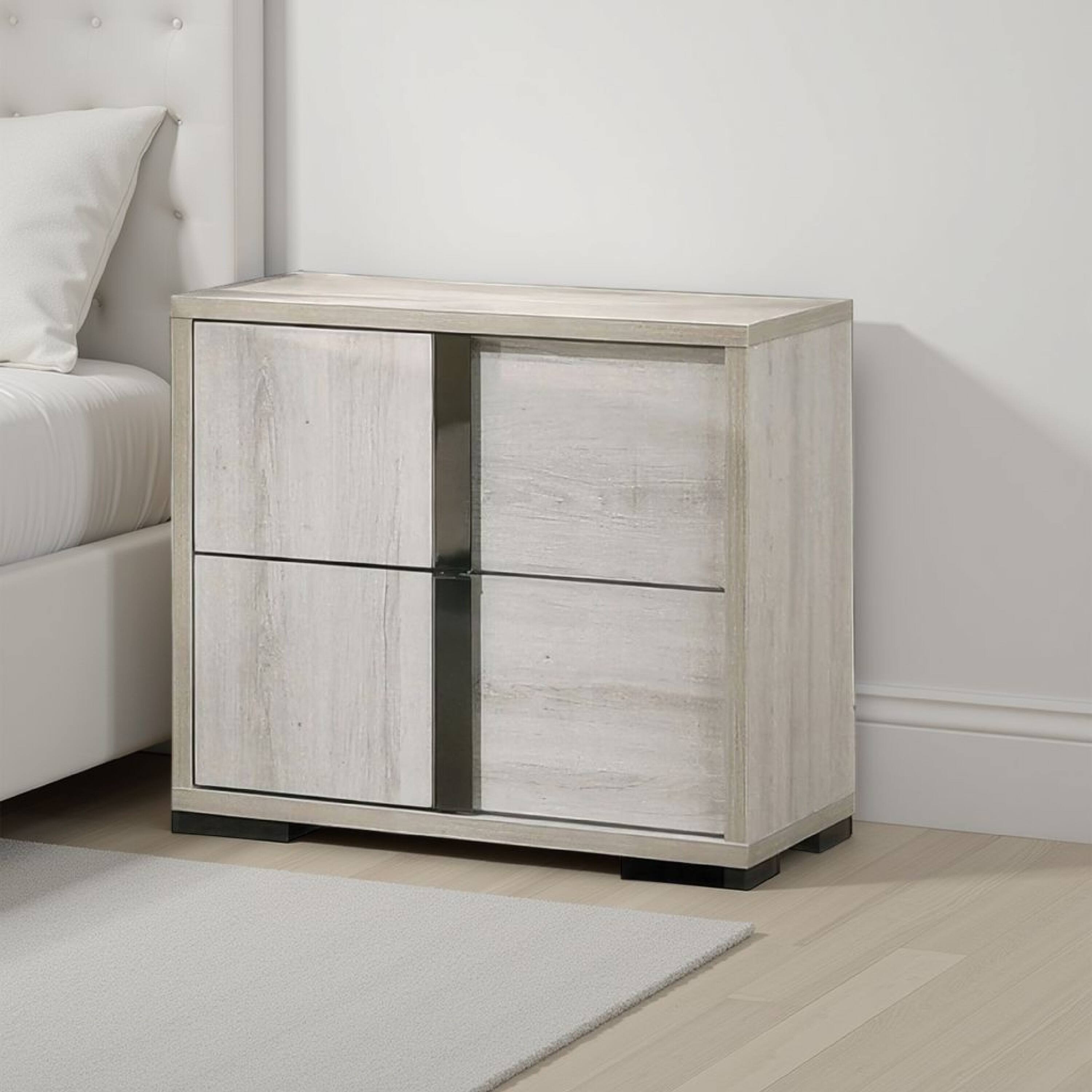 Alt View 5. Manhattan Lane - Hyao Nightstand, 26 Inch, 2 Drawers, Chrome Handles, White Wash Veneer - White Wash, Chrome.
