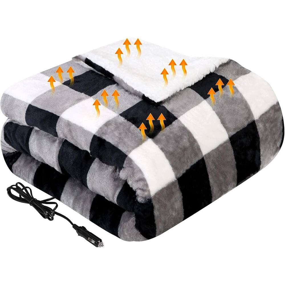 Front. MOSZAR LLC - 12V Heated Car Blanket – 3 Heat Levels, Grey Buffalo Plaid, Machine Washable" - Grey Buffalo Plaid.