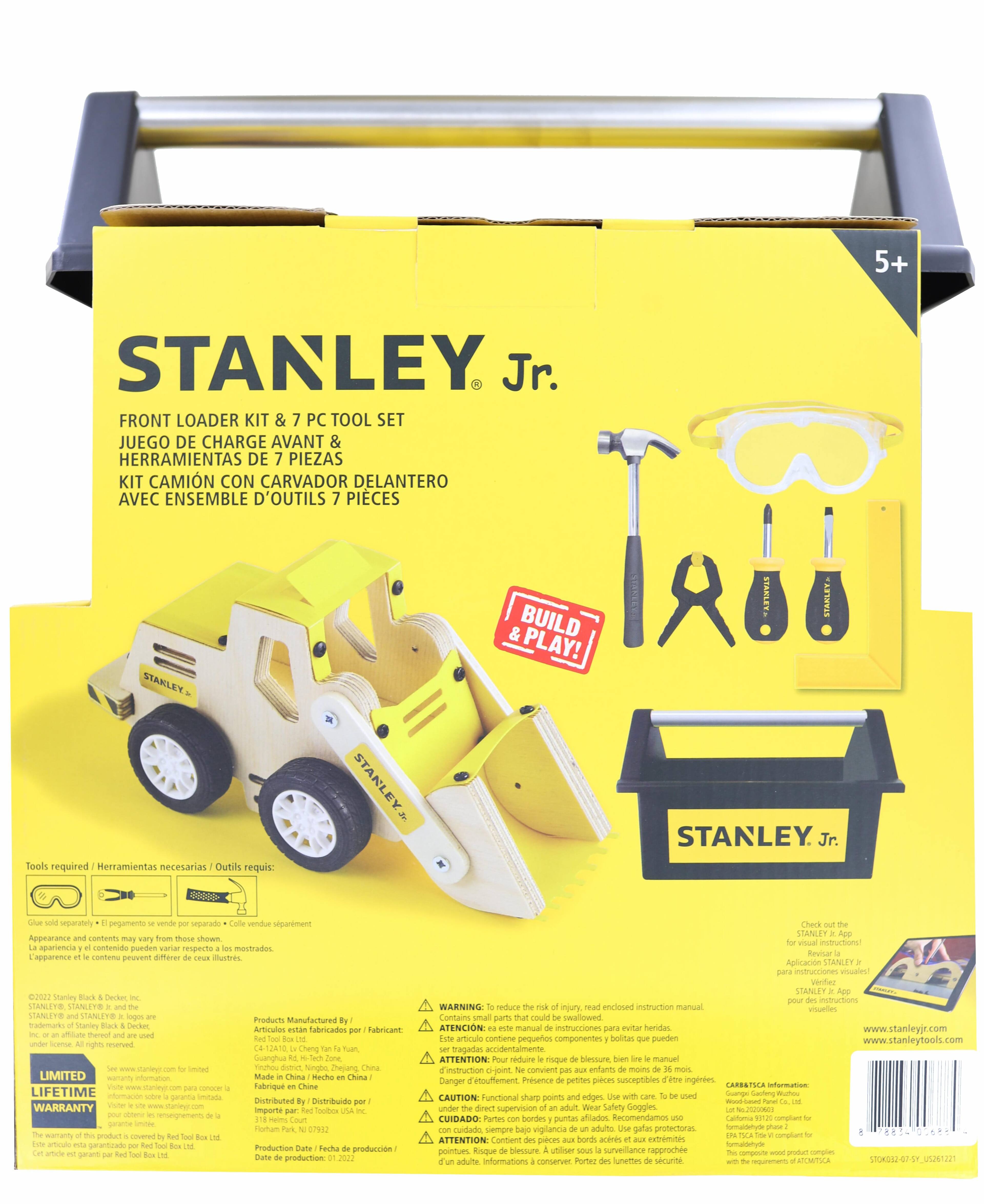 5+ STANLEY Jr. FRONT LOADER KIT & 7 PC TOOL SET  
JUEGO DE CARGA AVANT & HERRAMIENTAS DE 7 PIEZAS  
KIT CAMIÓN CON CARVADOR DELANTERO AVEC ENSEMBLE D'OUTILS 7 PIÈCES  

STANLEY Tools required  
Herramientas necesarias  
Outils requis:  
- STANLEY Jr.  
- Goggles sold separately  
- Gafas vendidas por separado  
- Lunettes vendues séparément  

Appearance and contents may vary from those shown.  
La apariencia y el contenido pueden variar de los mostrados.  
L'apparence et le contenu peuvent différer de ceux illustrés.  

STANLEY  
Jr.  

BUILD & PLAY!  

Tools required  
Herramientas necesarias  
Outils requis:  
- STANLEY Jr.  
- Goggles sold separately  
- Gafas vendidas por separado  
- Lunettes vendues séparément  

WARNING:  
Reduce the risk of injury, read enclosed instruction manual.  
Pour réduire le risque d'accident, lisez le manuel d'instructions inclus.  
