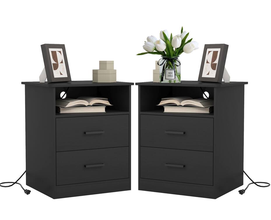 Left. Spaco - Spaco Set of 2 Nightstand with 2 Drawers, Fast Charging Station, USB C, AC Outlets,Bedside Table for Bedroom Living Room - Black.