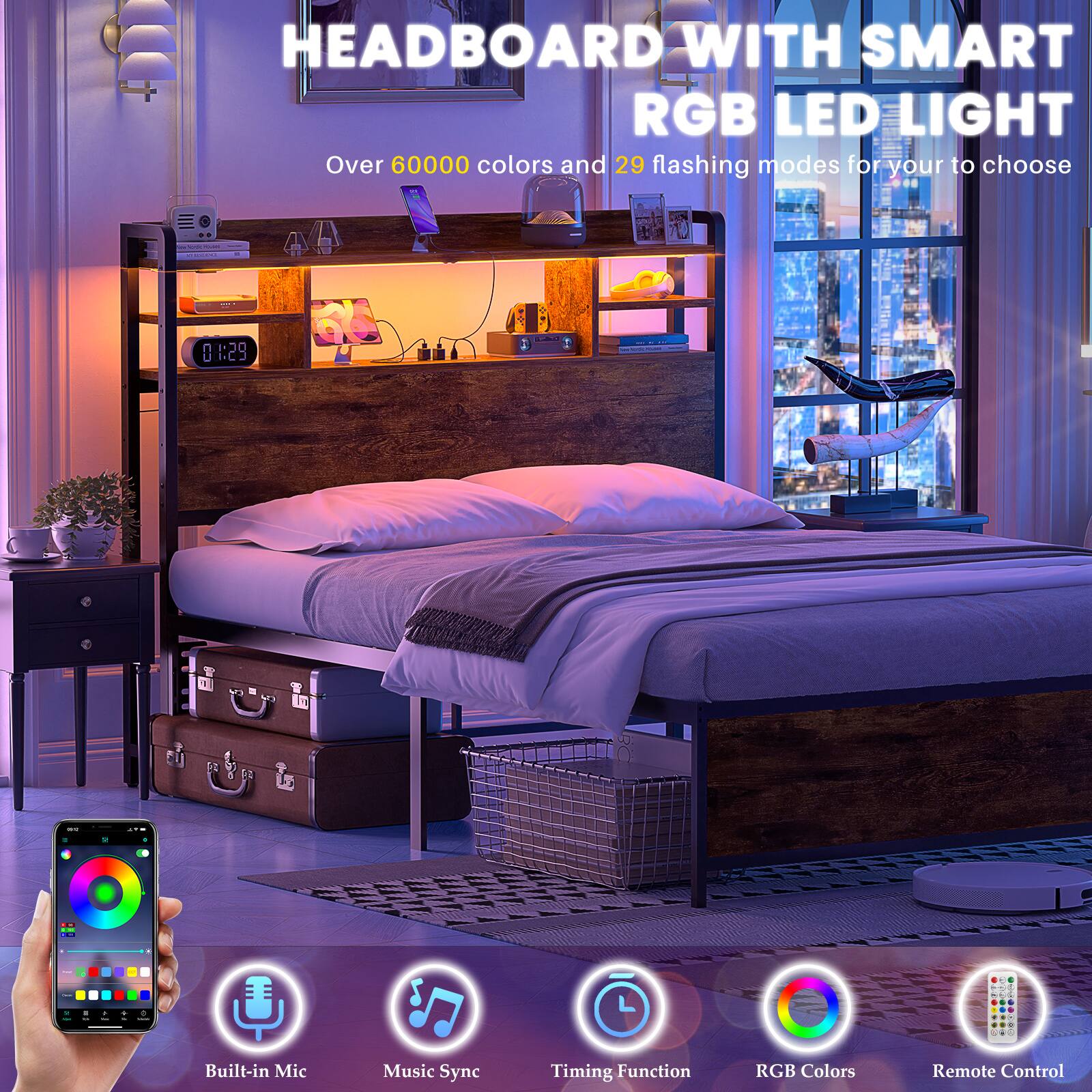 HEADBOARD WITH SMART RGB LED LIGHT  
Over 60000 colors and 29 flashing modes for your to choose  

1. Built-in Mic  
2. Music Sync  
3. Timing Function  
4. RGB Colors  
5. Remote Control
