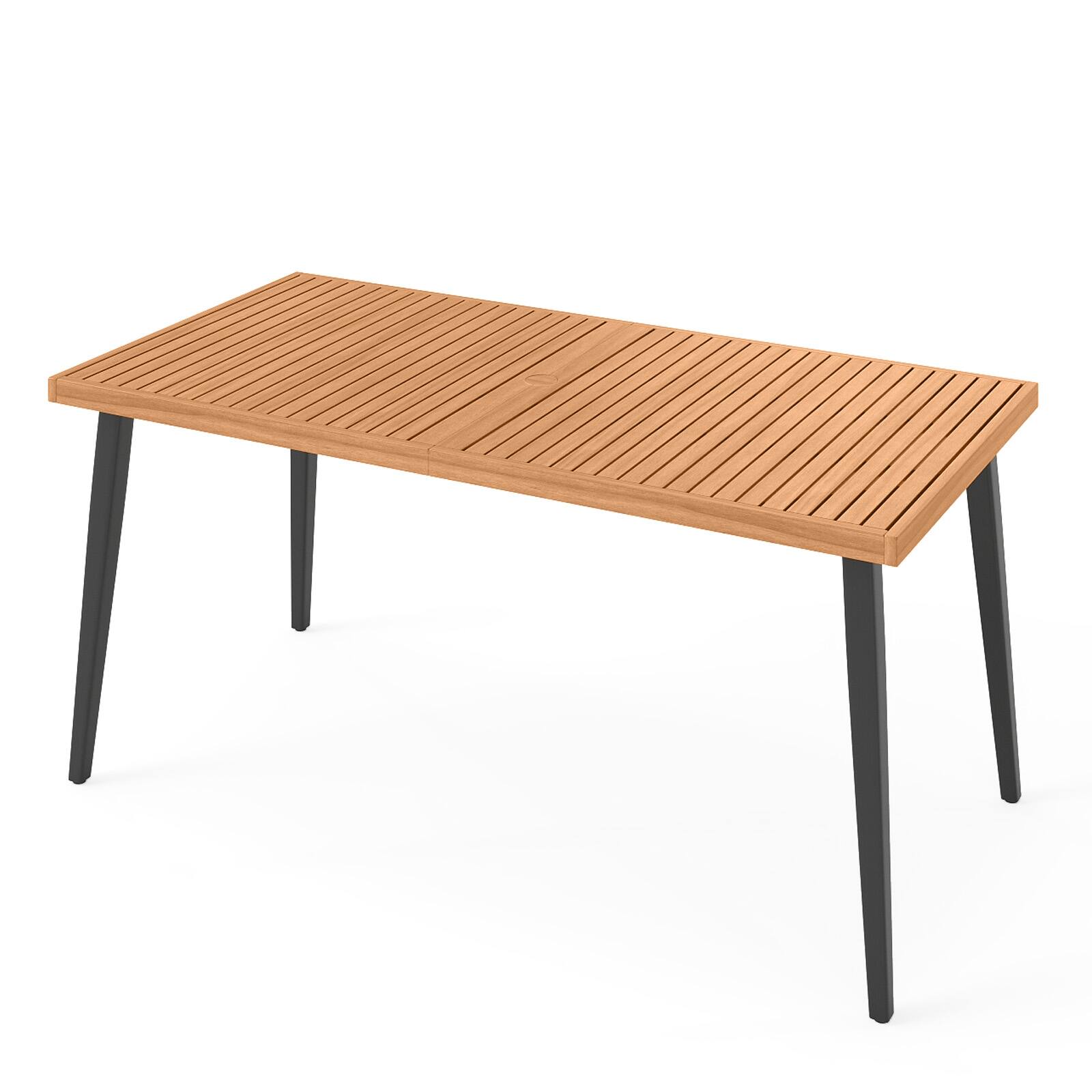 Alt View 8. Gymax - Gymax 63'' Outdoor Indoor Dining Table w/Acacia Wood Slatted Tabletop Umbrella Hole - Black.