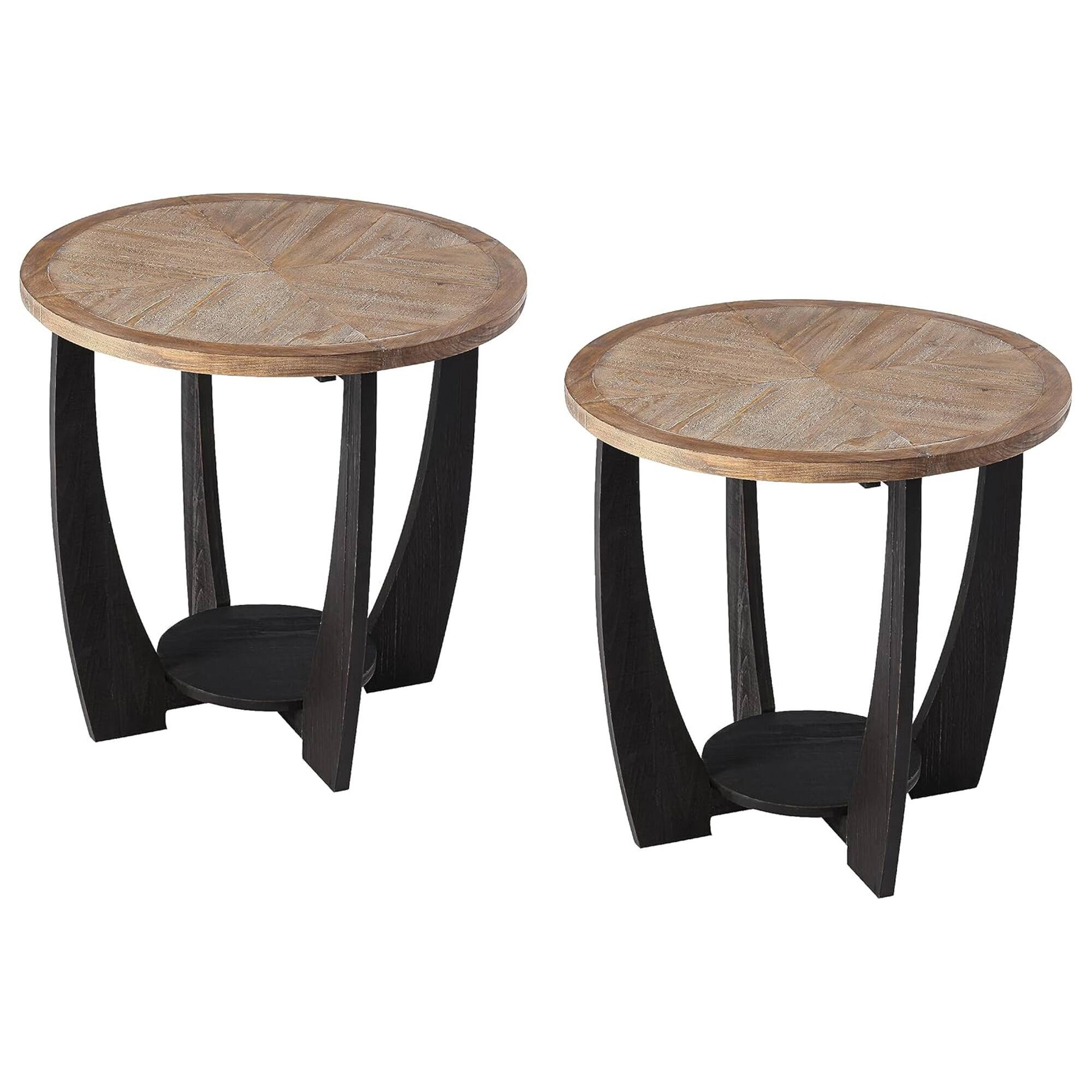 COZAYH - Rustic Farmhouse Round End Table, Storage Shelf for Living Room, Set of 2 - Black