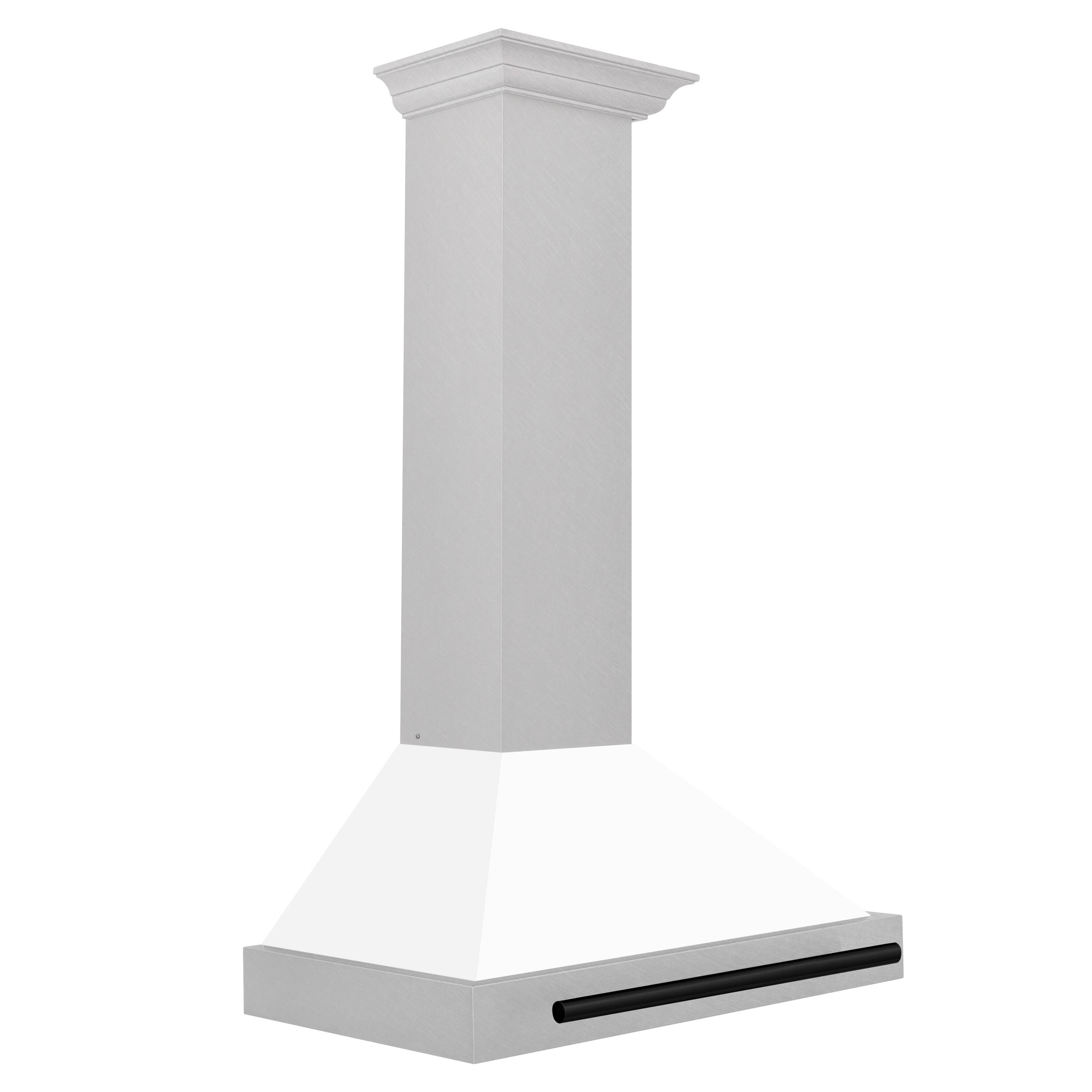 Left. ZLINE - Autograph 30 in. Convertible Satin Stainless Steel Wall Mount Range Hood with White Matte Shell and Matte Black Handle - Stainless steel.
