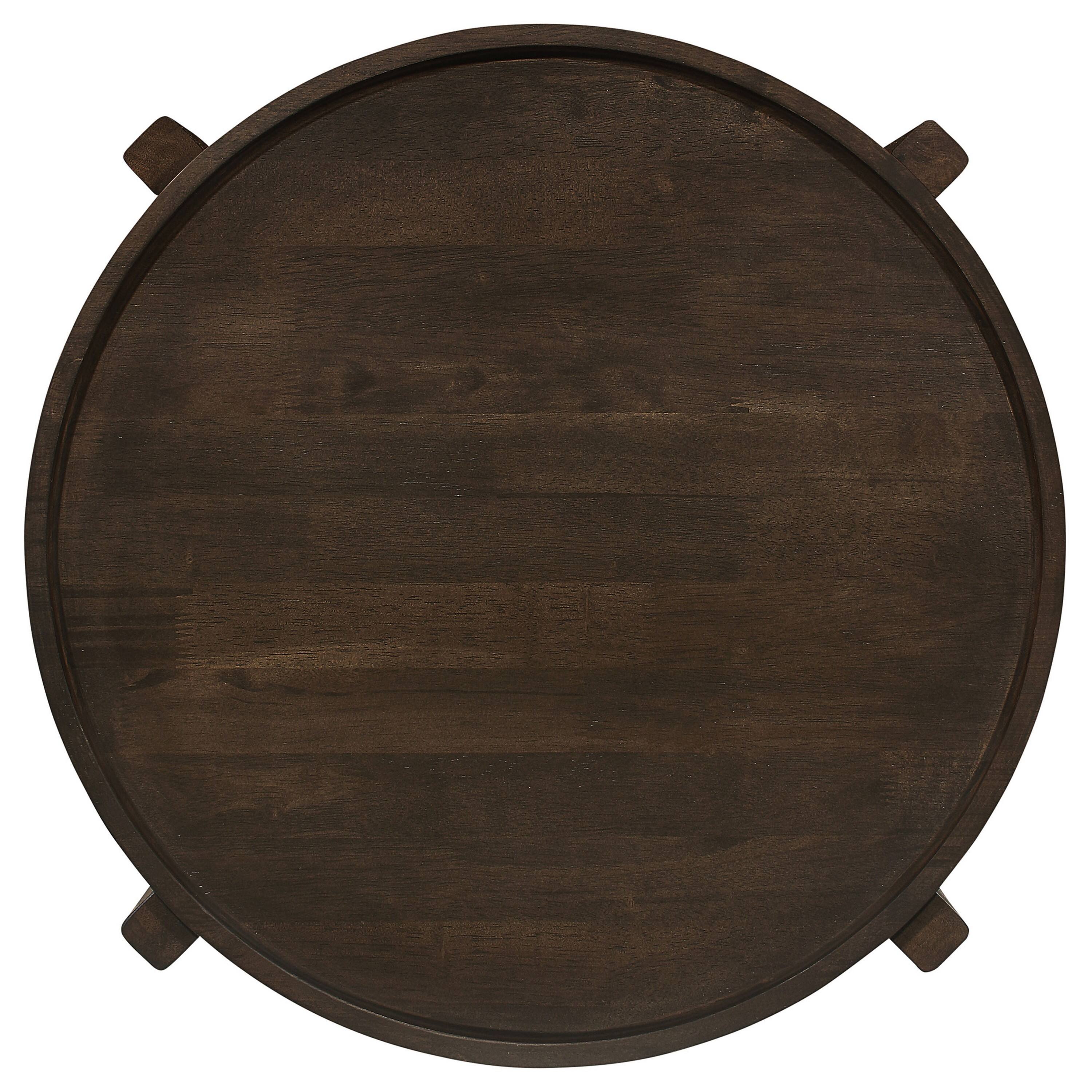 Back. Manhattan Lane - Katie End Table, Round 26 Inch Top, Solid Wood, Cross Beam Legs - Brown.