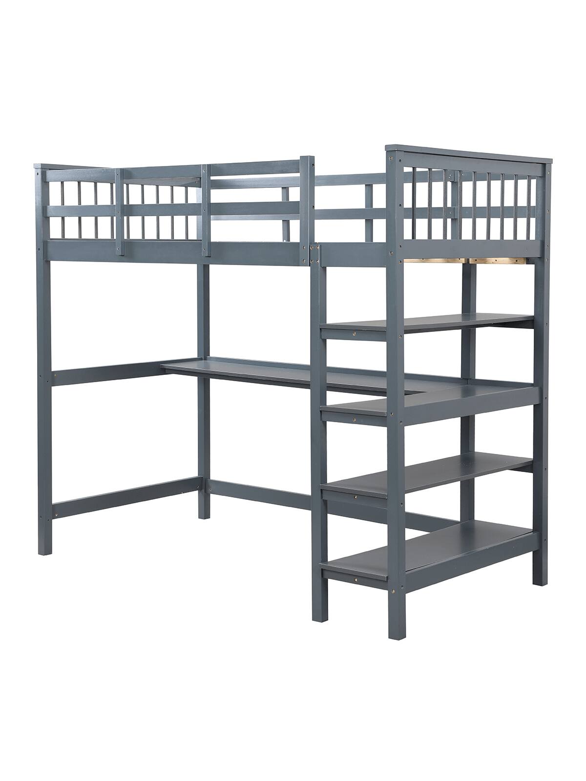 Alt View 4. Trinkets Crazed - Full Loft Bed With Desk And Storage Shelves, Wood Full Size Loft Bed, High Loft Bed Full - Gray.