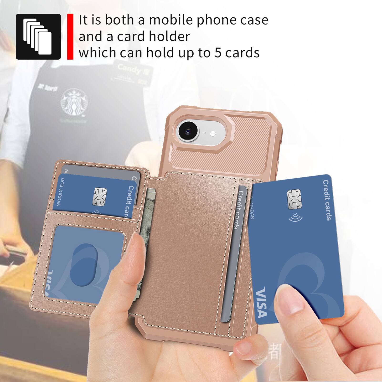 It is both a mobile phone case and a card holder which can hold up to 5 cards.