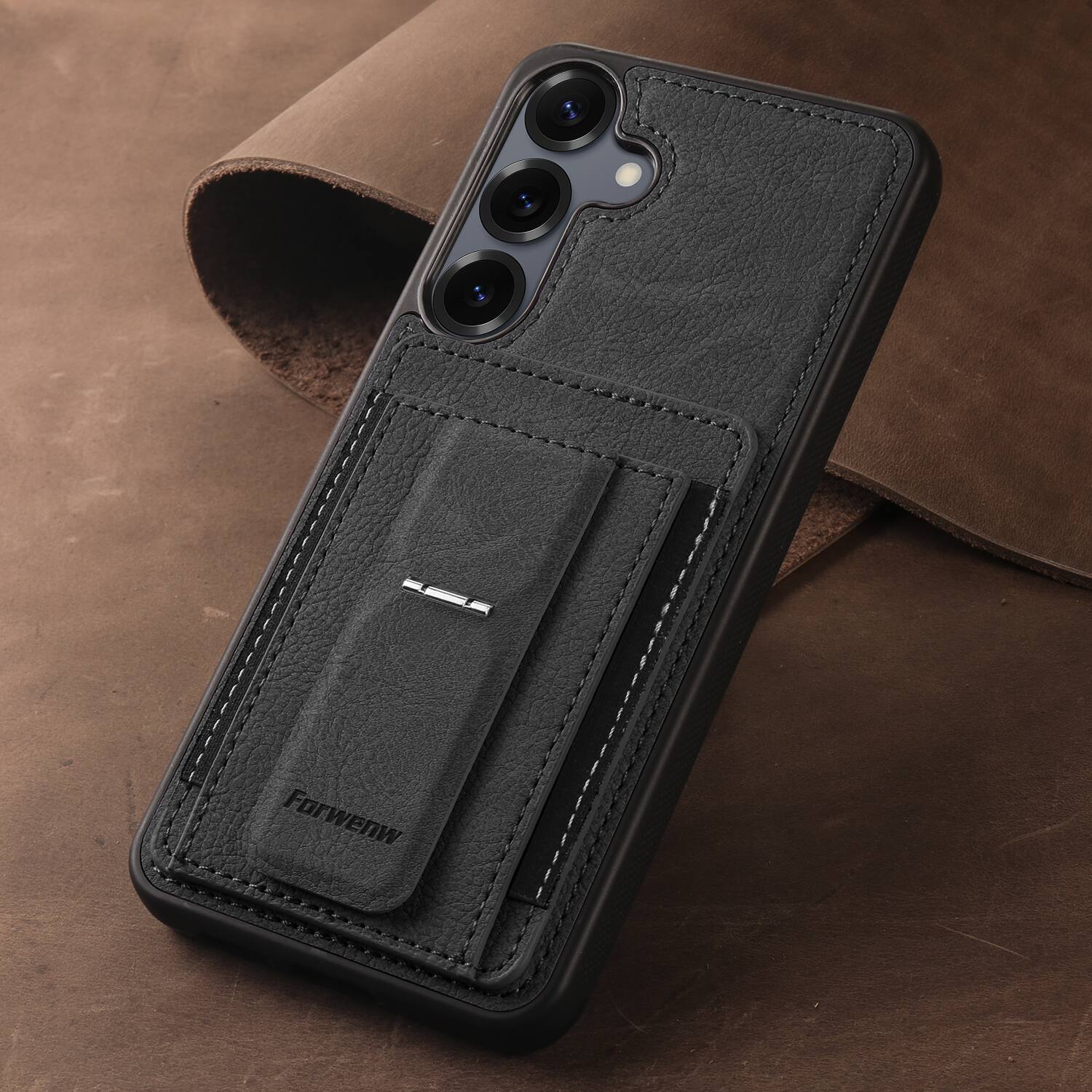 Alt View 1. Dteck - Slim Card Holder Case for Samsung Galaxy S25, Shockproof Wallet Protective Cover with Kickstand - Black.