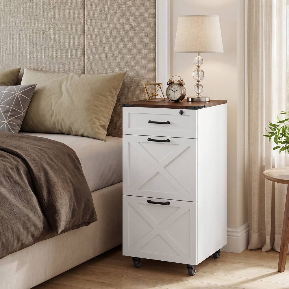 Angle. Loheer - Loheer Rustic White Farmhouse 3-Drawer File Cabinet with Wheels Mobile Printer Stand Locking Home Office Storage.