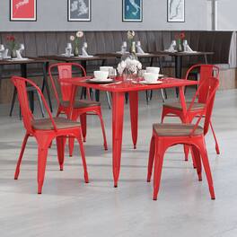 Emma + Oliver - 4 Pack Metal Stackable Chair with Wood Seat - Red