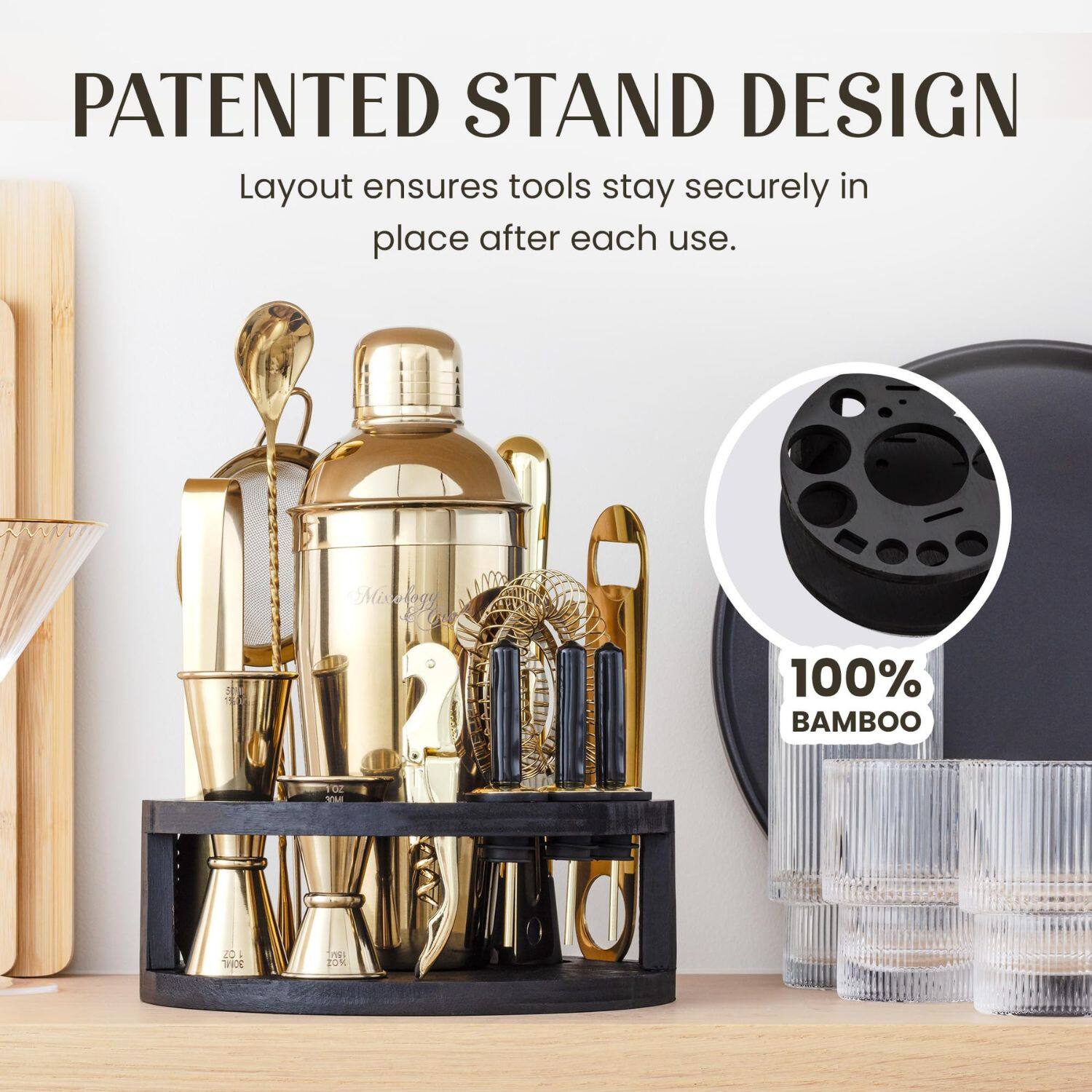 PATENTED STAND DESIGN  
Layout ensures tools stay securely in place after each use.  

Minology 100% BAMBOO