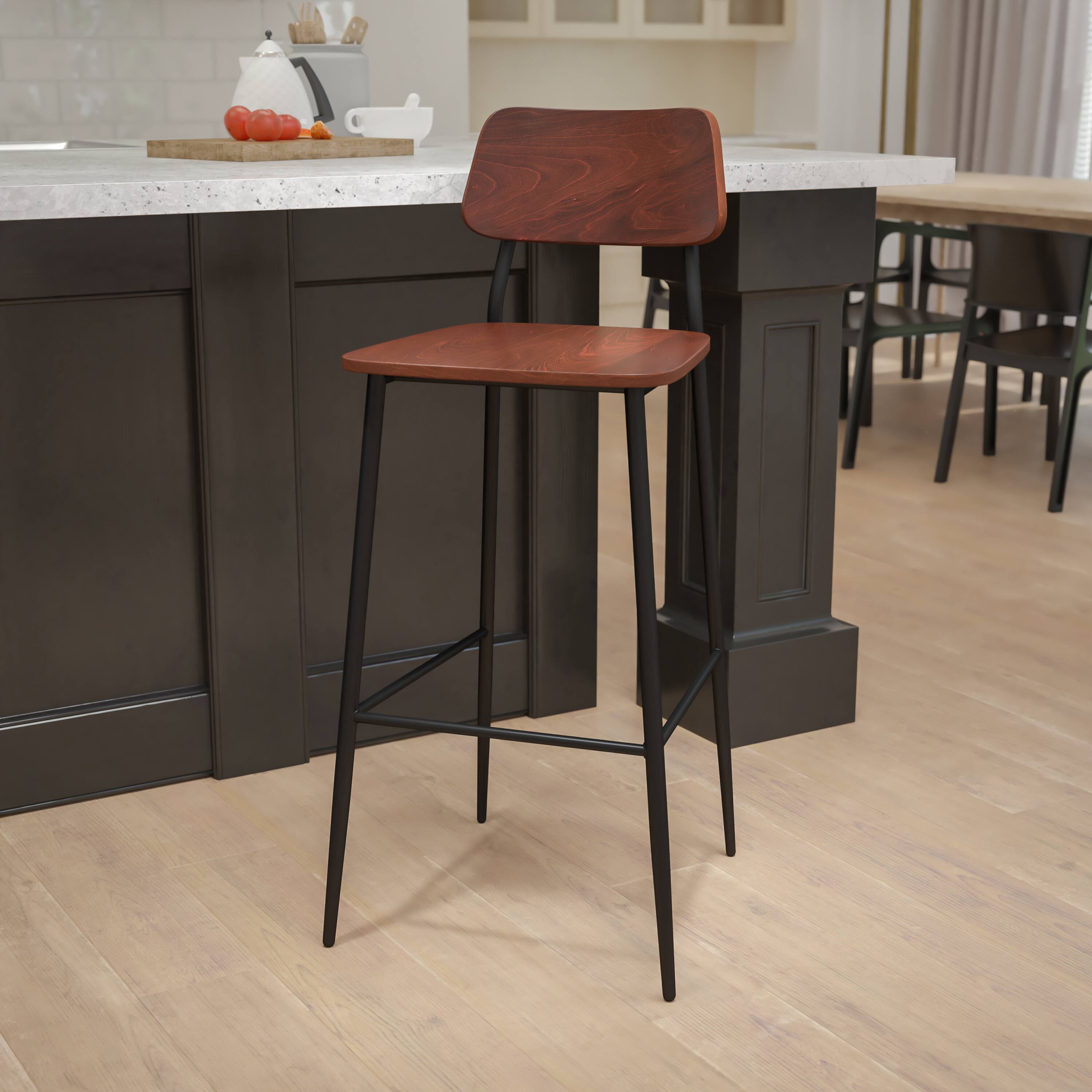 Emma + Oliver - Industrial Barstool with Steel Frame and Rustic Wood Seat - Mahogany