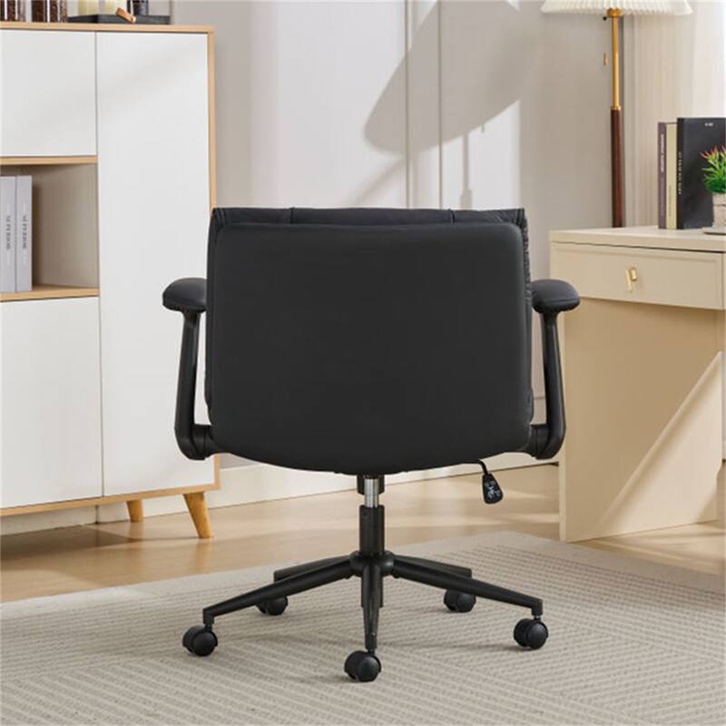 Angle. HTUTWOO - Cross Legged Office Chair with Flip-Up Armrests - PU Leather Swivel Desk Chair, Wide Seat, Adjustable Height, Wheels - Black.