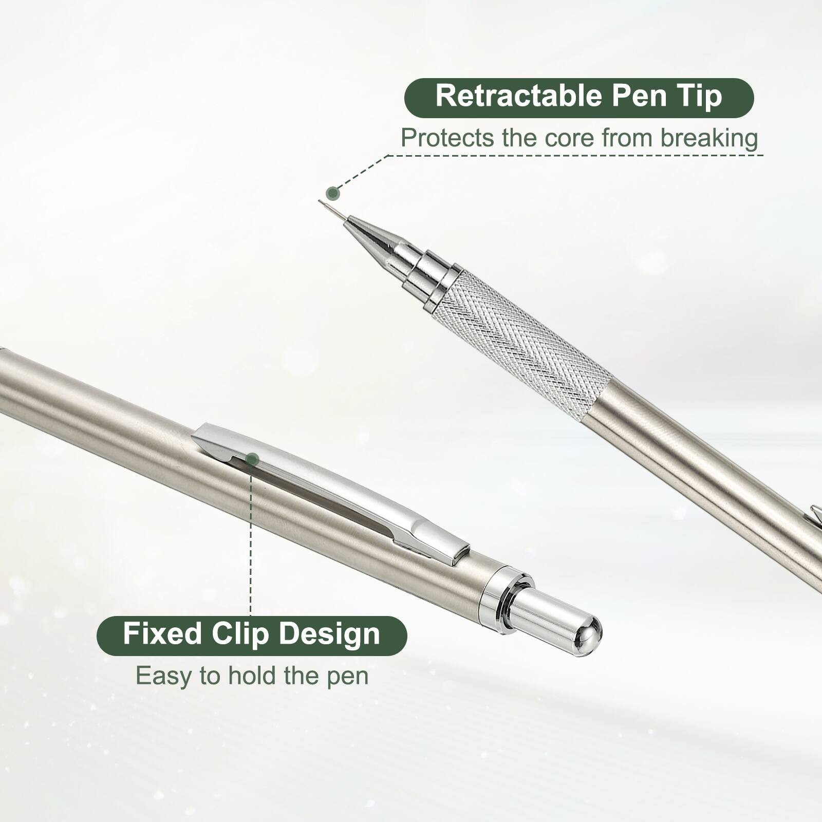 Retractable Pen Tip  
Protects the core from breaking  

Fixed Clip Design  
Easy to hold the pen