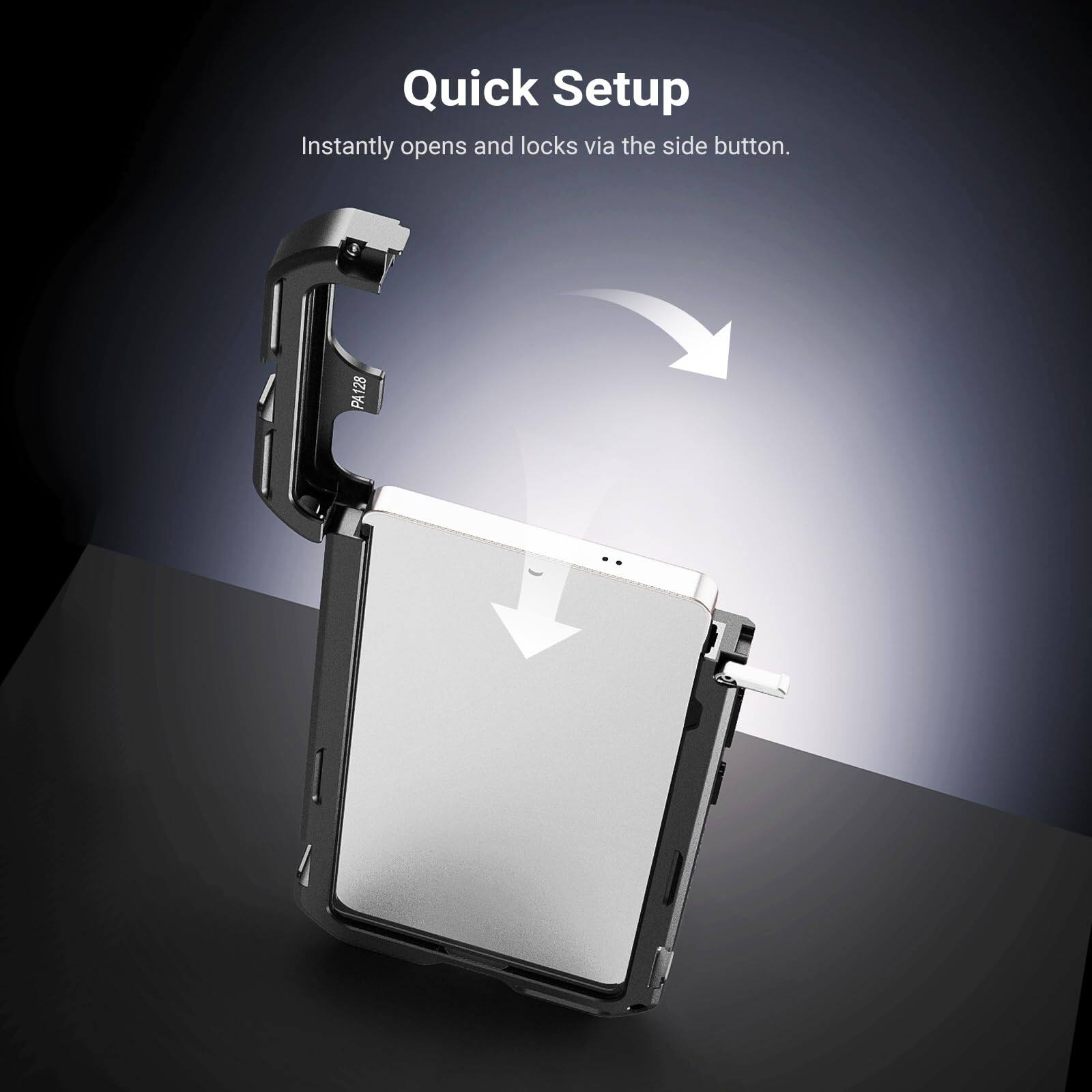 Quick Setup  
Instantly opens and locks via the side button.  
PA128