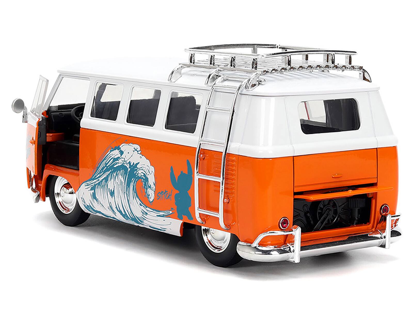 Left. Jada - 1961 Volkswagen Bus "Catching Waves" White and Orange with Stitch Figure "Disney's Stitch" "Hollywood Rides" 1/24 - White and Orange.