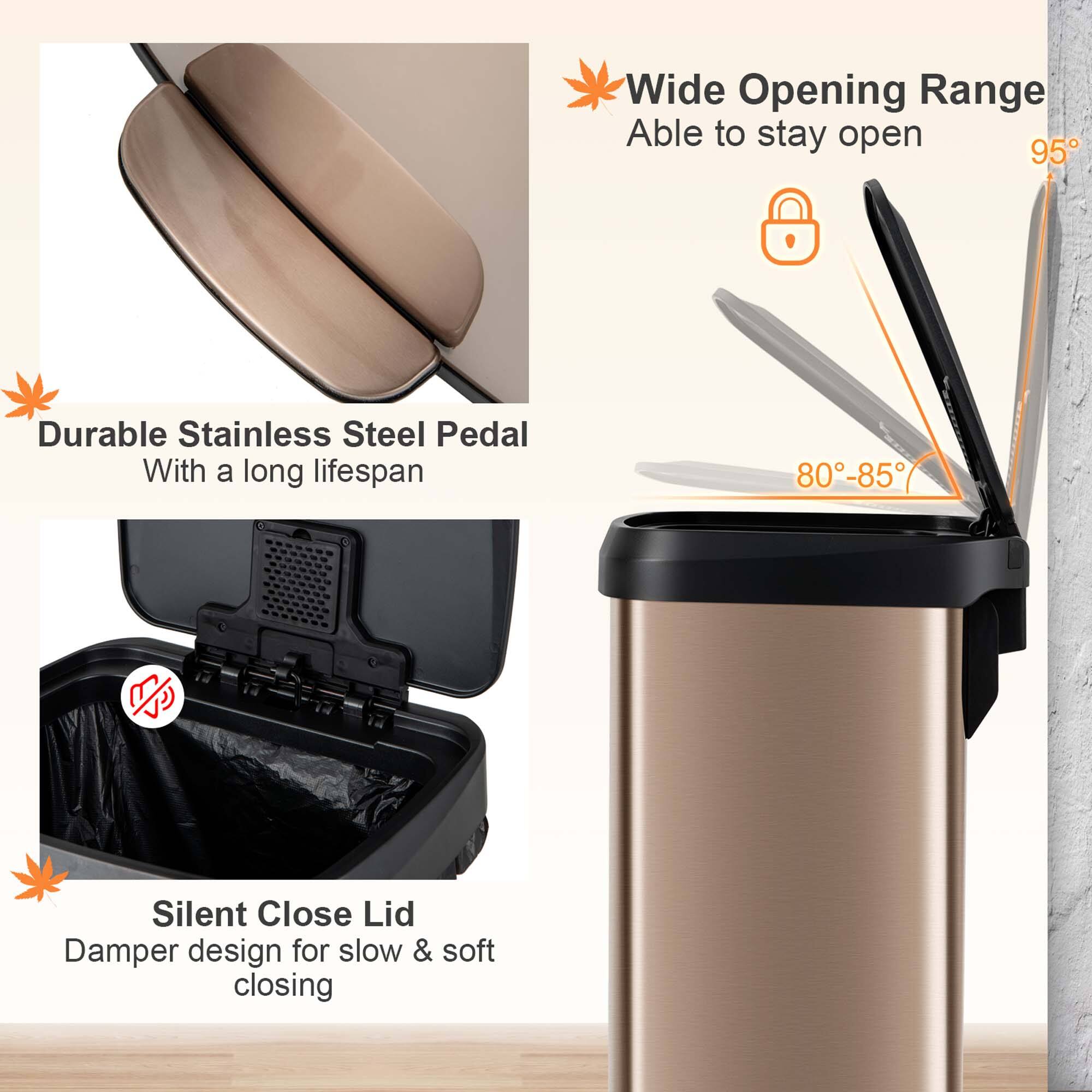 - Wide Opening Range: Able to stay open 95°
- Durable Stainless Steel Pedal: With a long lifespan
- Silent Close Lid: Damper design for slow & soft closing