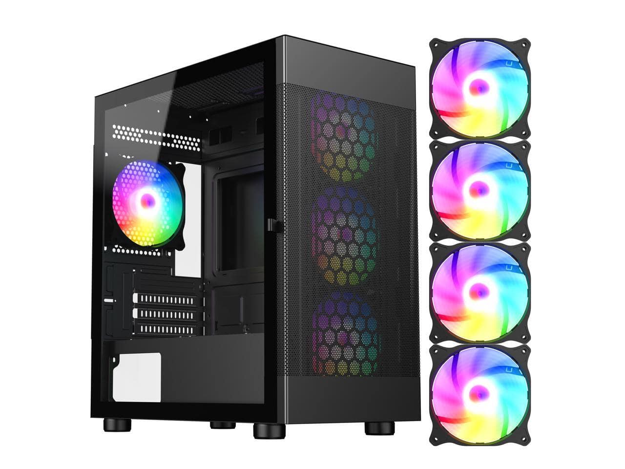 Front. DIYPC - DIYPC ARGB-G5-BK Micro ATX Case w/ 4 ARGB Fans, Tempered Glass, USB3.0, 360mm AIO Support - Black.