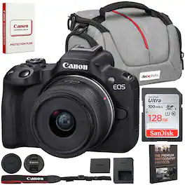 Bundle - Canon - EOS R50 Mirrorless Camera w/ RF-S 18-45mm F4.5-6.3 Lens + 128GB Memory & Camera Bag Package - Black