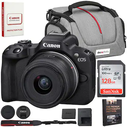 Canon AUTHORIZED DEALER PROTECTION PLAN CI Canon EOS R-518-45mm f/4.5-6.3 IS STM SanDisk Ultra 100 MB/s 128GB SD Card THE PREMIUM PHOTOGRAPHY PROTOCOL