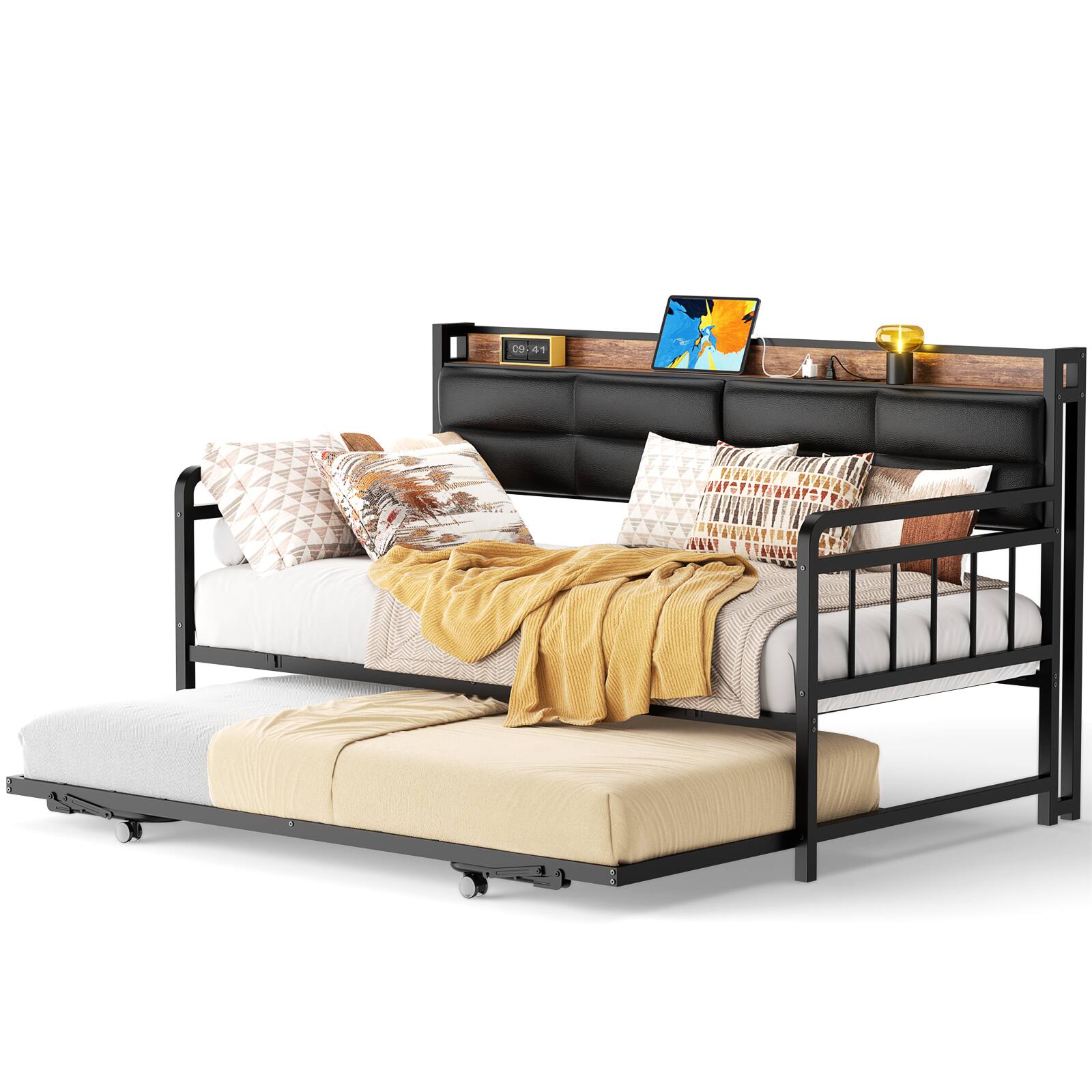 Alt View 2. Aheaplus - Twin Daybed with Trundle, Day Bed with Upholstered Headboard and Power Outlets - Brown.