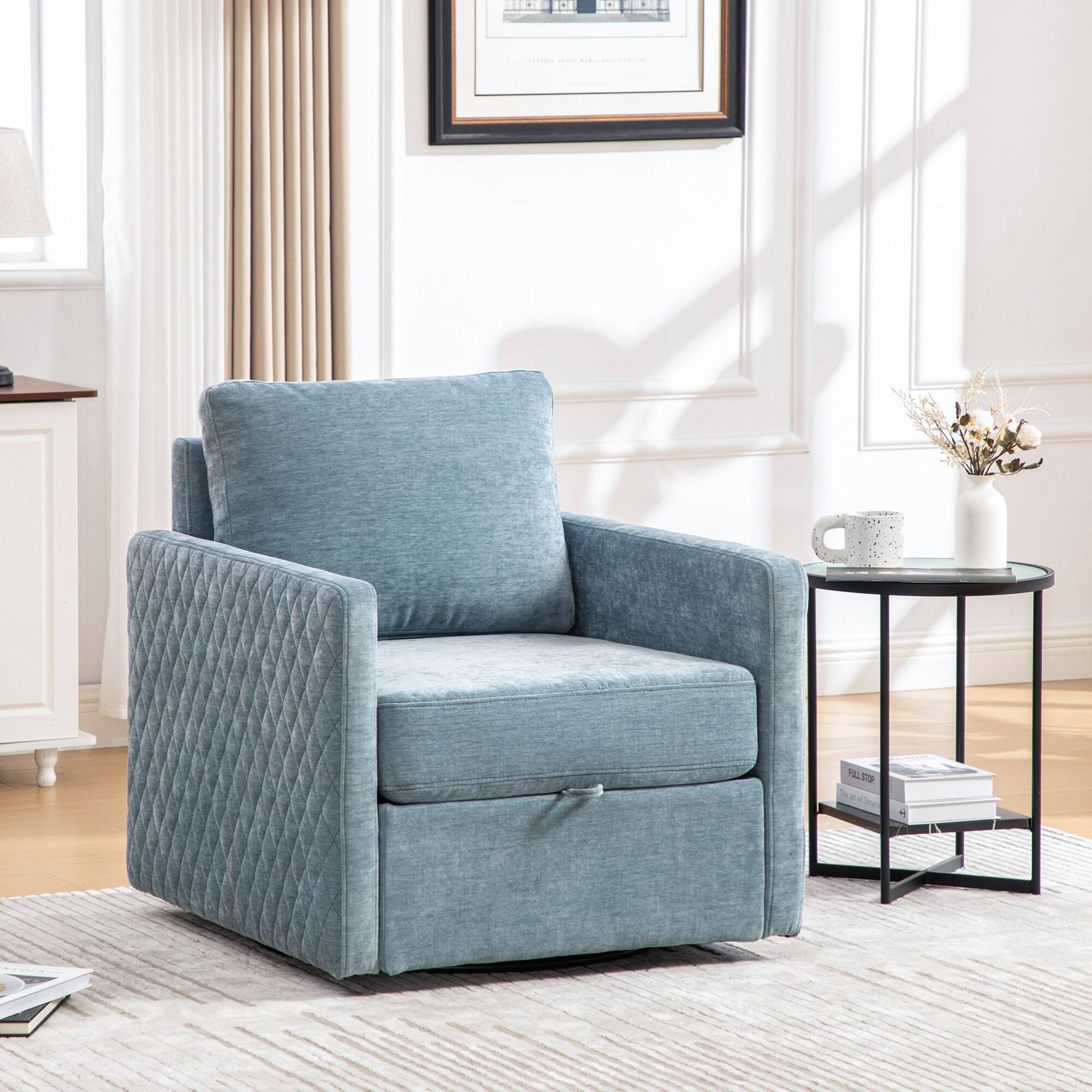 Angle. GOODSILO - Upholstered Swivel Armchair with Hidden Storage and Tufted Armrests for Living Room and Bedroom - Blue.