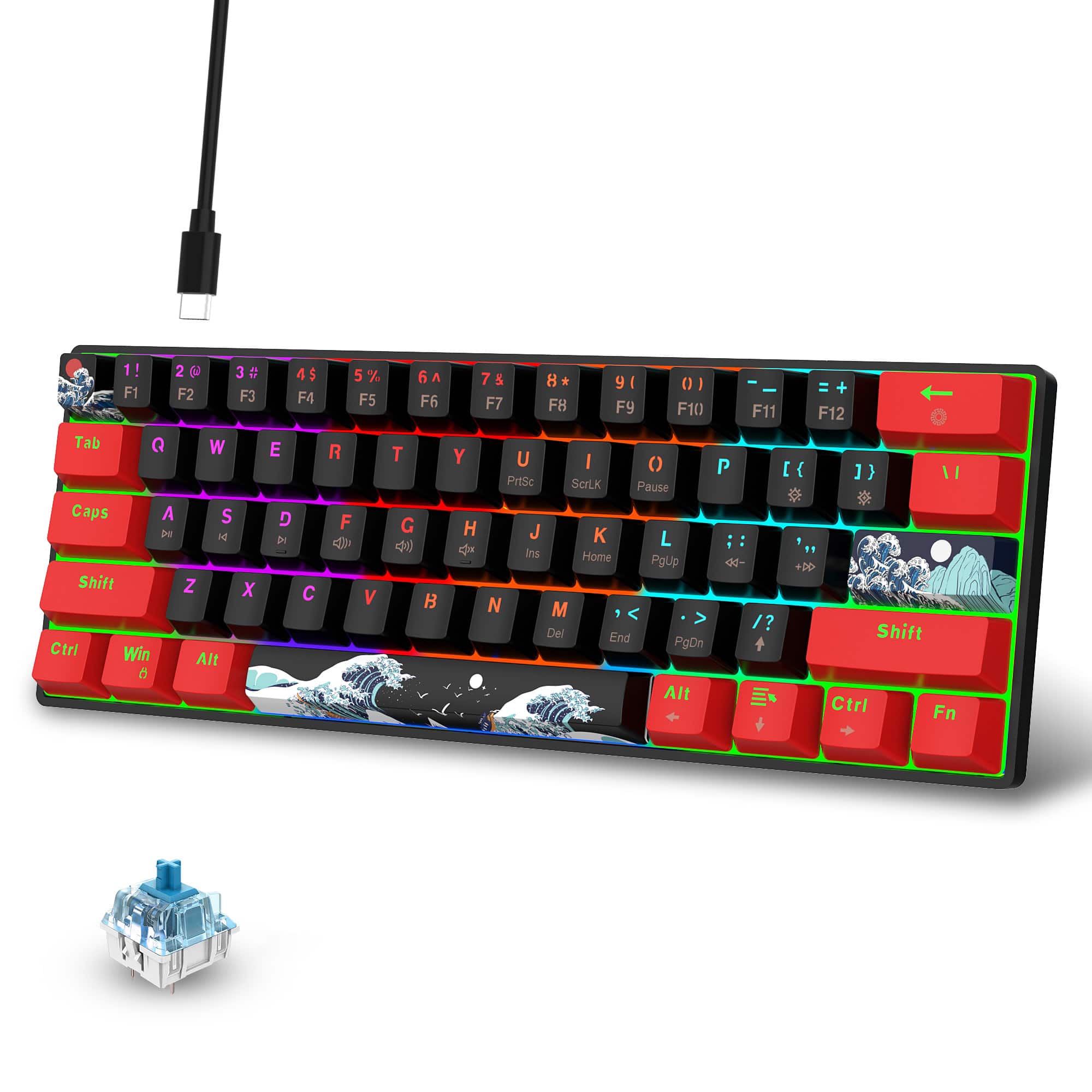 YOKEYS - 60% Percent Mechanical Keyboard RGB Gaming Keyboard 61Keys Mini Wired Keyboard with blue Switch for Win/Mac PC Gamer - Red