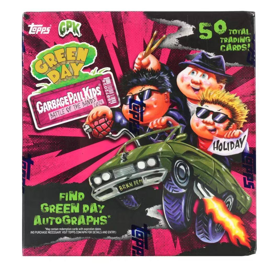 Topps GPK  
Green Day  
Garbage Pail Kids  
Battle of the Bands 2024  
1987-2024  

Find Green Day Autographs*  
*May contain redemption cards with expiration dates  

No purchase necessary. Visit Topps.com/NPN for details and entry.  

50 Total Trading Cards!  
Holiday  

Topps  
GPK  
50