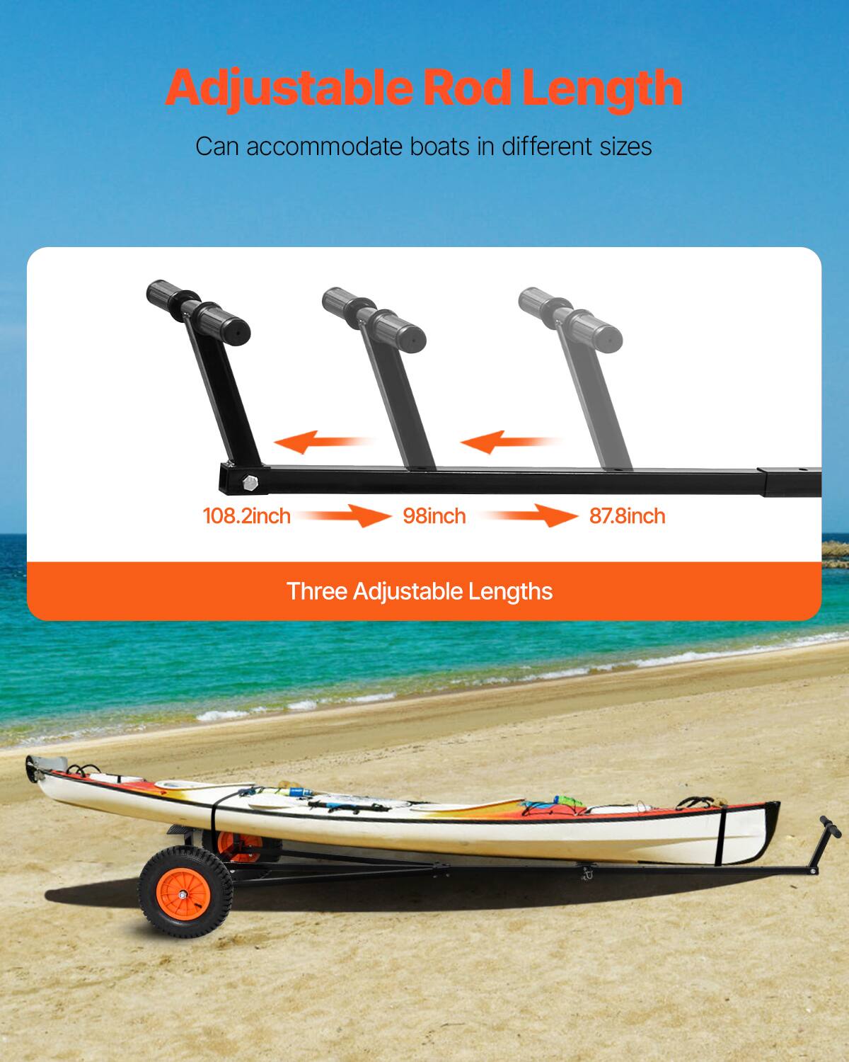 Adjustable Rod Length: Can accommodate boats in different sizes. Three Adjustable Lengths: 108.2 inches, 98 inches, 87.8 inches.