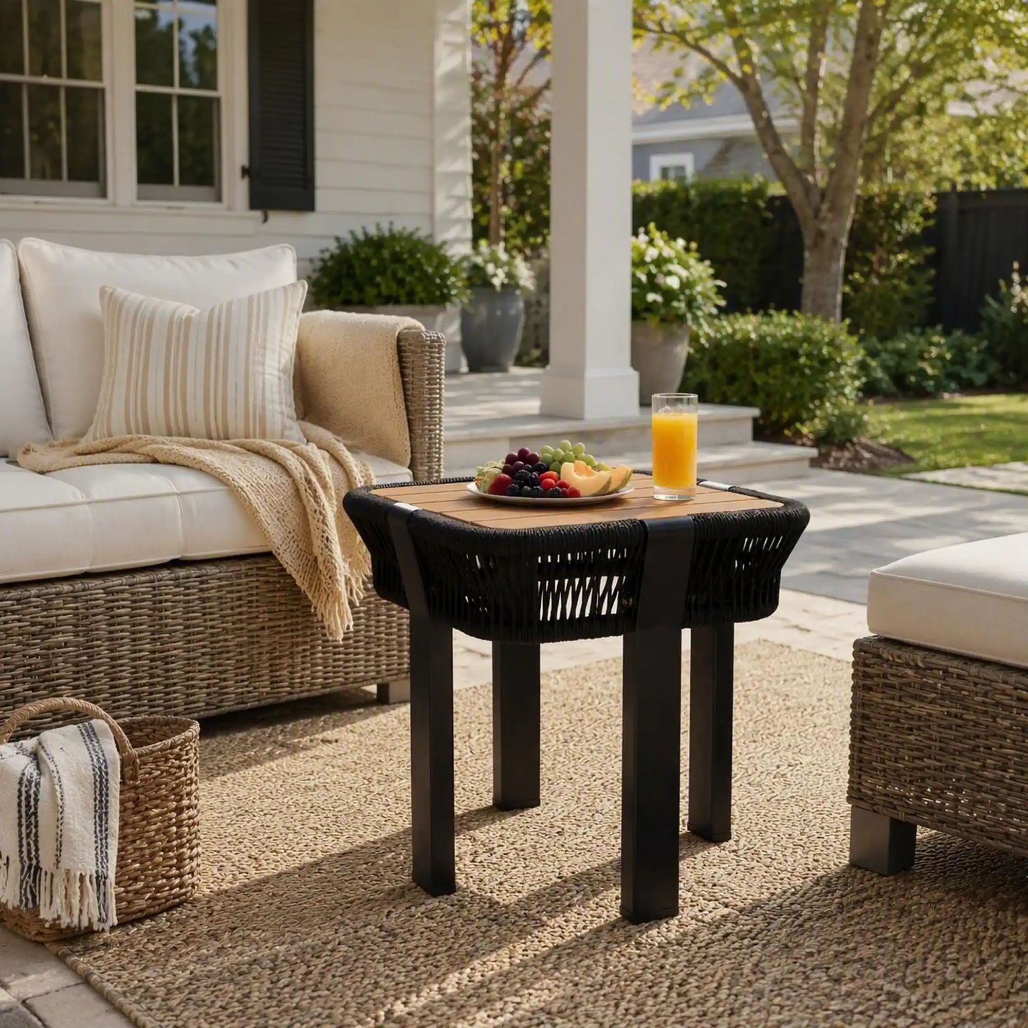 Back. RYHNUYNE - Square Acacia Wood Side Table with Black Rope Frame,Teak Finish Outdoor Patio Accent End Table for Balcony - Black,Teak.