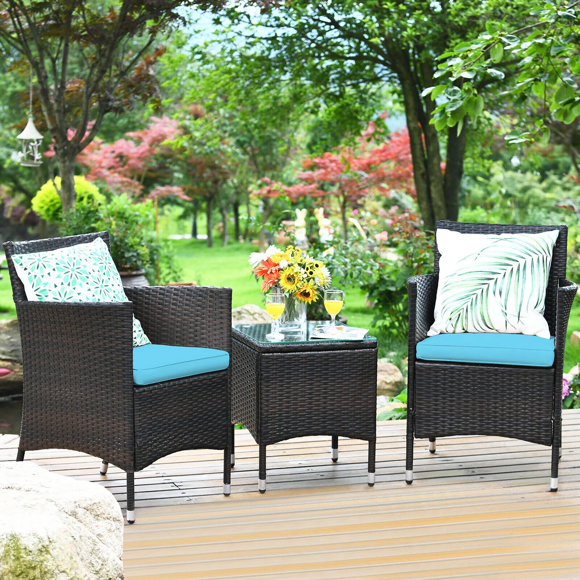 Alt View 1. Costway - Outdoor 3 PCS Rattan Wicker Furniture Sets Chairs Coffee Table Garden - Blue.
