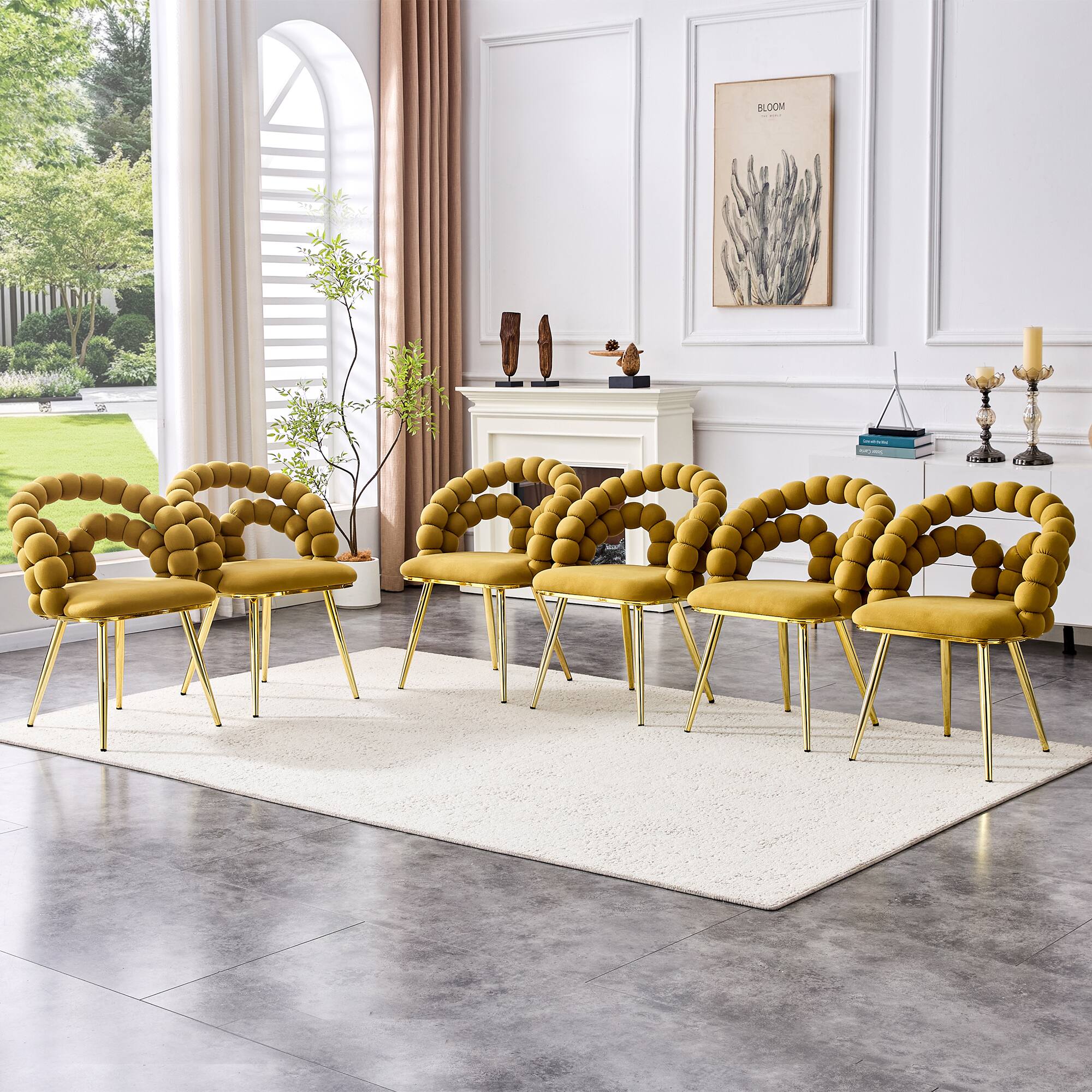 Alt View 1. Loheer - Loheer Yellow Velvet Dining Chairs Set of 2, Bubble Back Accent Seating with Gold Legs for Kitchen, 1.92 ft - Gold,Yellow.