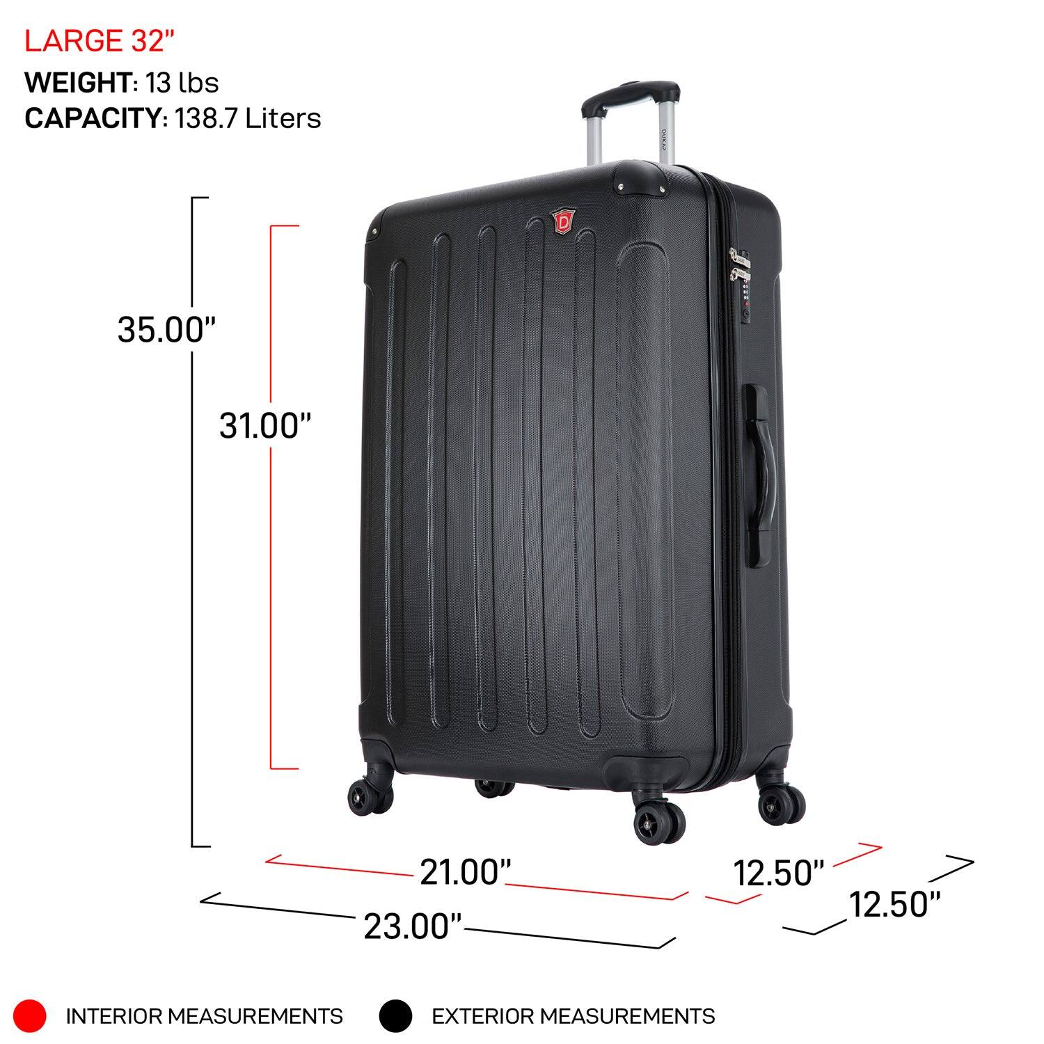 LARGE 32"  
WEIGHT: 13 lbs  
CAPACITY: 138.7 Liters  

INTERIOR MEASUREMENTS:  
- 35.00"  
- 31.00"  
- 21.00"  
- 23.00"  

EXTERIOR MEASUREMENTS:  
- 12.50"  
- 12.50"