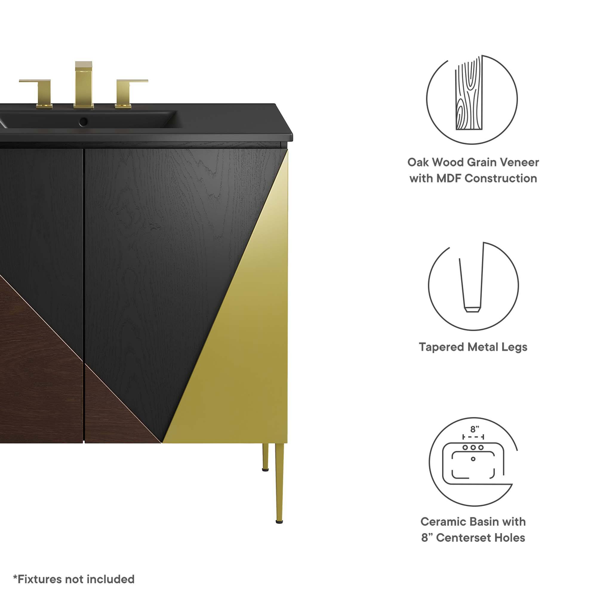 Oak Wood Grain Veneer with MDF Construction  
Tapered Metal Legs  
Ceramic Basin with 8" Centerset Holes  
*Fixtures not included