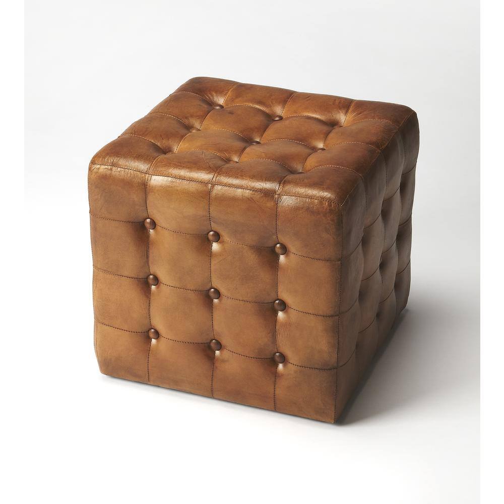 Butler Specialty - Leon Leather Cube Ottoman - Medium Brown