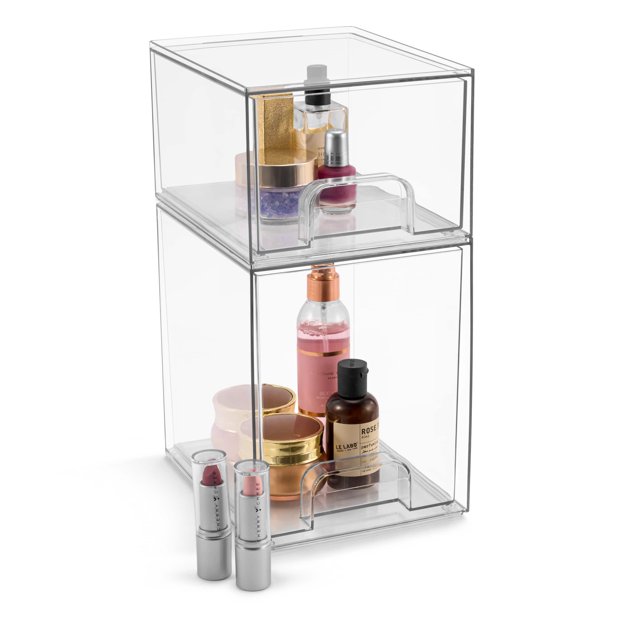 Sorbus - 2 Piece (7.6’’ and 4.4’’ Tall) Makeup Organizer Case with Pull-Out Drawers - Clear