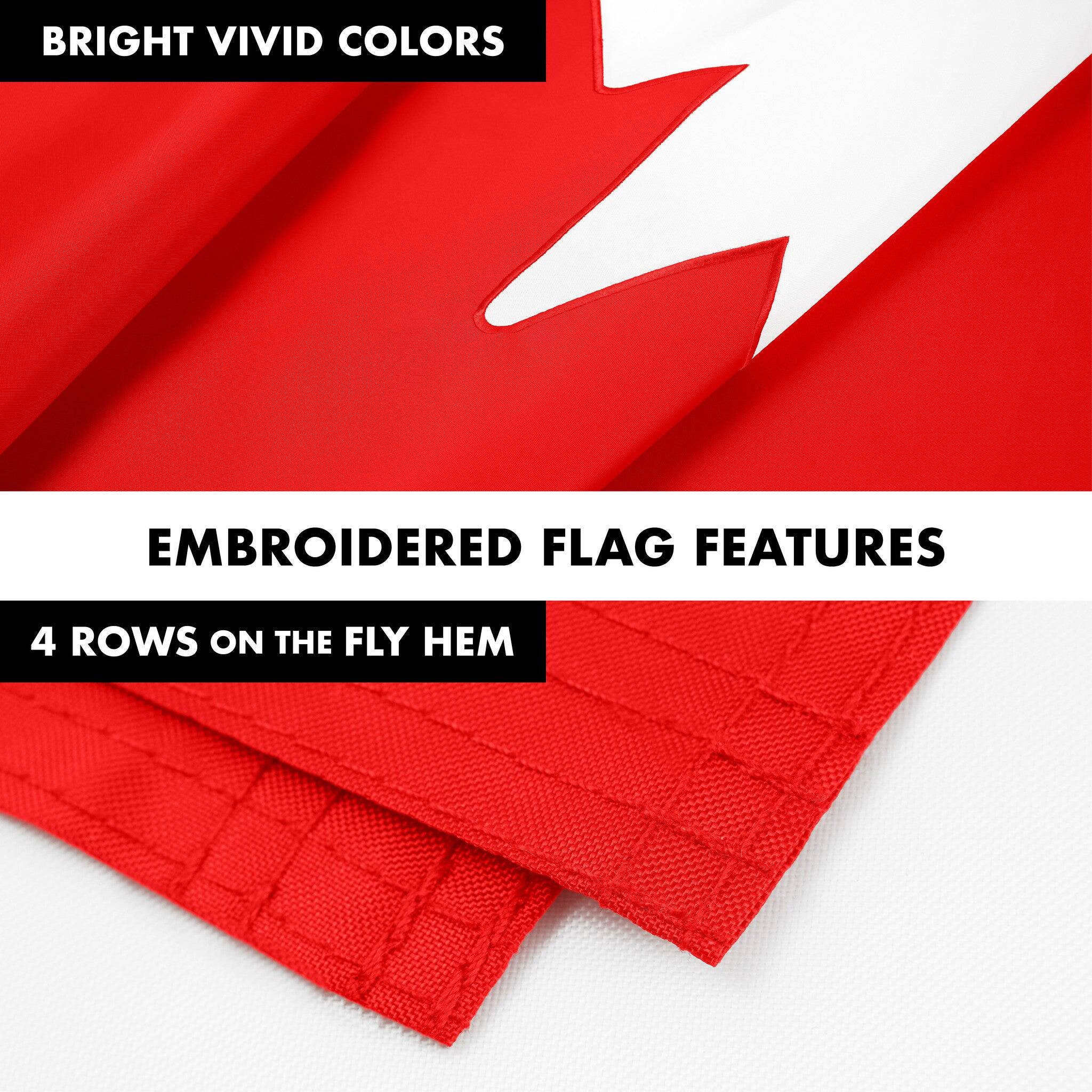 BRIGHT VIVID COLORS

EMBROIDERED FLAG FEATURES

4 ROWS ON THE FLY HEM