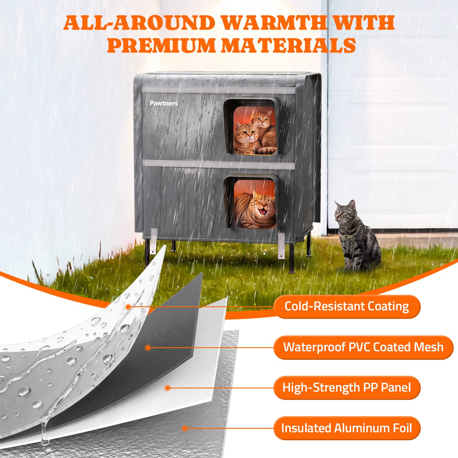 ALL-AROUND WARMTH WITH PREMIUM MATERIALS

Pawtners

Cold-Resistant Coating

Waterproof PVC Coated Mesh

High-Strength PP Panel

Insulated Aluminum Foil