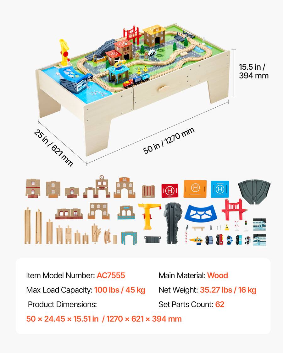 Train Table With Storage VEVOR Train Table, 62 Multicolor Pieces Wooden Kids Activity Table with ...