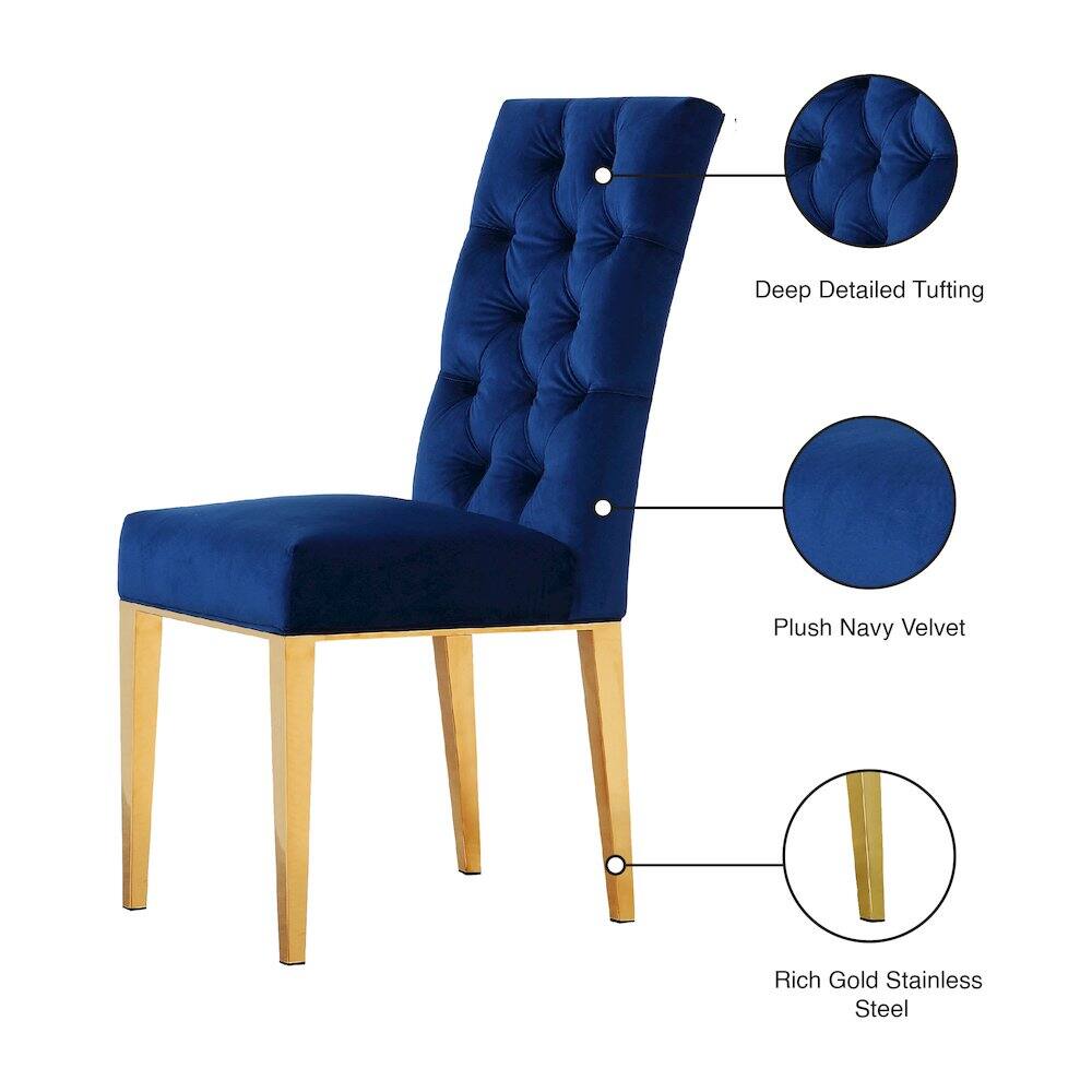 Deep Detailed Tufting  
Plush Navy Velvet  
Rich Gold Stainless Steel