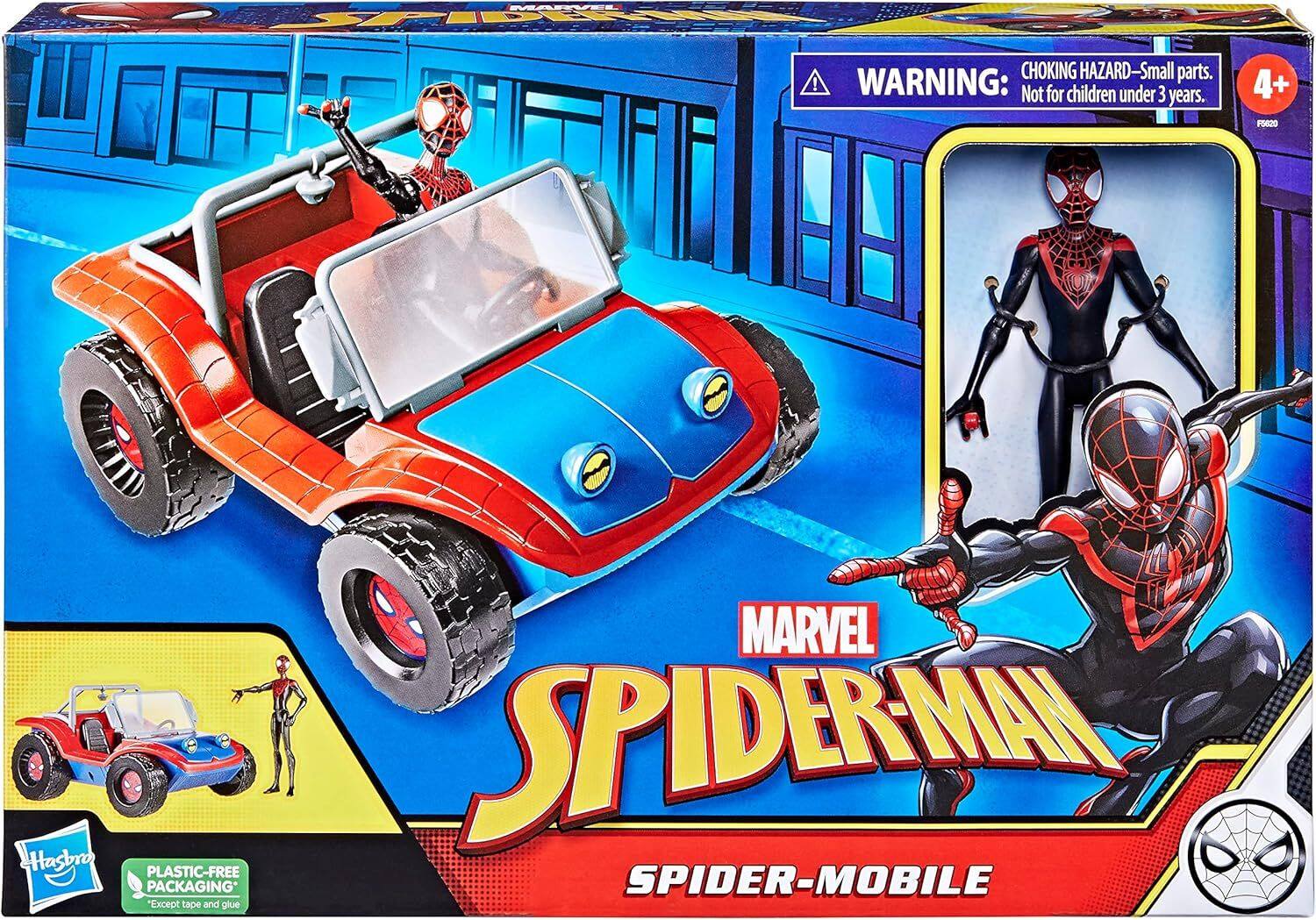 MAREI CHOKING HAZARD-Small parts. ! WARNING: Not for children under 3 years. 4+ PS020 MARVEL SPIDERMAN Hasbro PLASTIC-FREE PACKAGING* SPIDER-MOBILE "Except tape and glue"