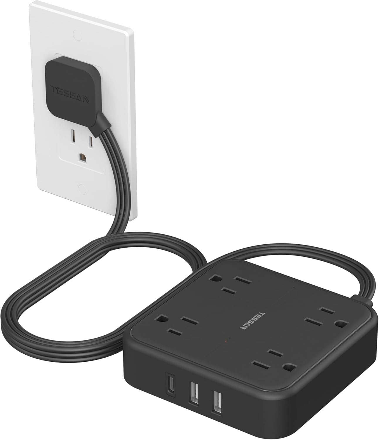 TESSAN - 900J Protection,5 Ft Flat Plug,Surge Protector Power Strip with 4 Outlets and 3 USB Ports(1 USB C) - Black