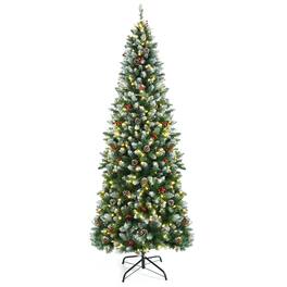 Gymax - 7 FT Pre-lit Hinged Christmas Tree Artificial Pencil Xmas Tree w/ LED Lights - Green