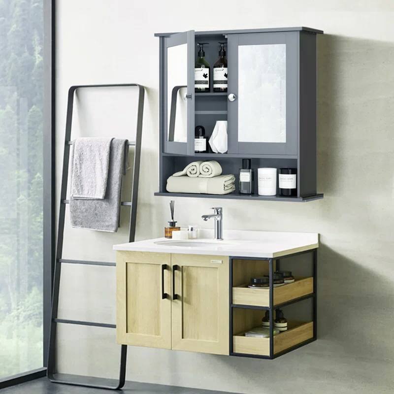 Back. Hivvago - Grey Wood Bathroom Wall / Medicine Cabinet with Mirrored Doors and Shelf - Grey.