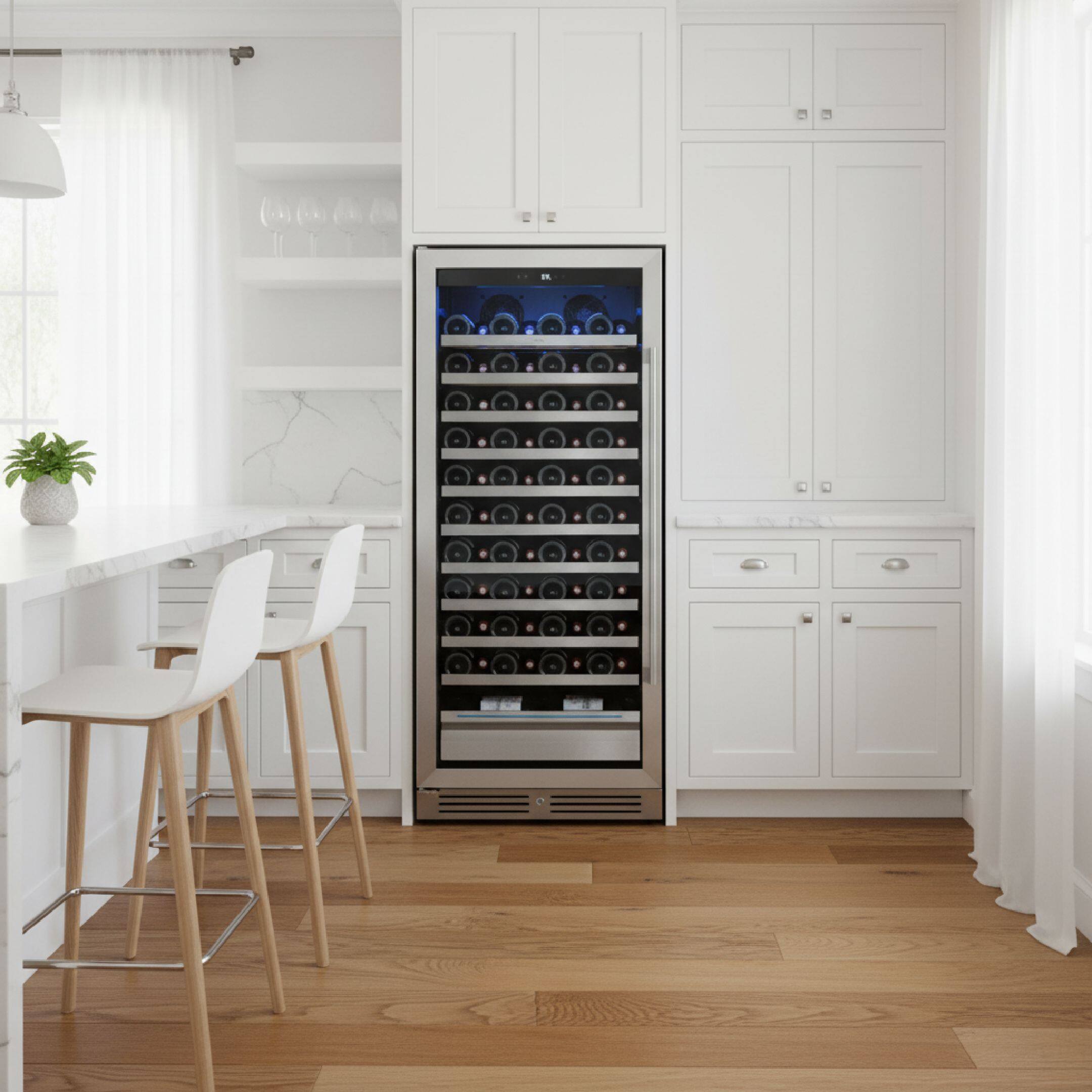Left. Yeego - 24-inch Wine Cooler Refrigerator, 89-Bottle , 40°F-65°F , Built-in or Freestanding Installationfor Home/Bar/Kitchen - Stainless Steel.