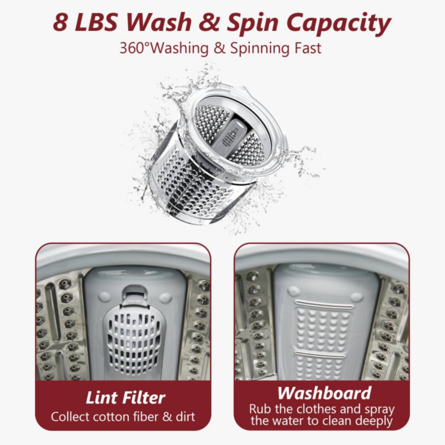 8 LBS Wash & Spin Capacity  
360° Washing & Spinning Fast  

Lint Filter  
Collect cotton fiber & dirt  

Washboard  
Rub the clothes and spray the water to clean deeply